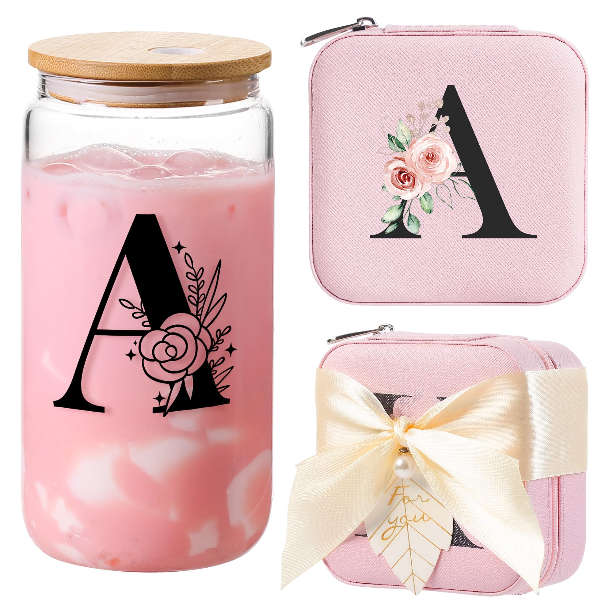 Personalized Bridesmaid Proposal Gifts - Custom Initial Glass Cups & Jewelry Box Set for Travel, Iced Coffee, Birthday - Perfect for Wedding Parties, Bachelorette Gifts & Girls' Night Out (Pink Monogram A)