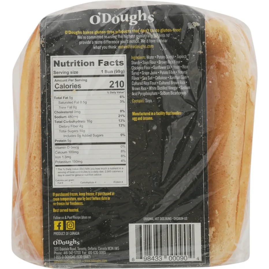 Gluten Free Vegan Hot Dog Buns - 2 Pack | Soft Allergy Friendly Buns for BBQ, Picnics & Family Gatherings | O'Doughs Brand