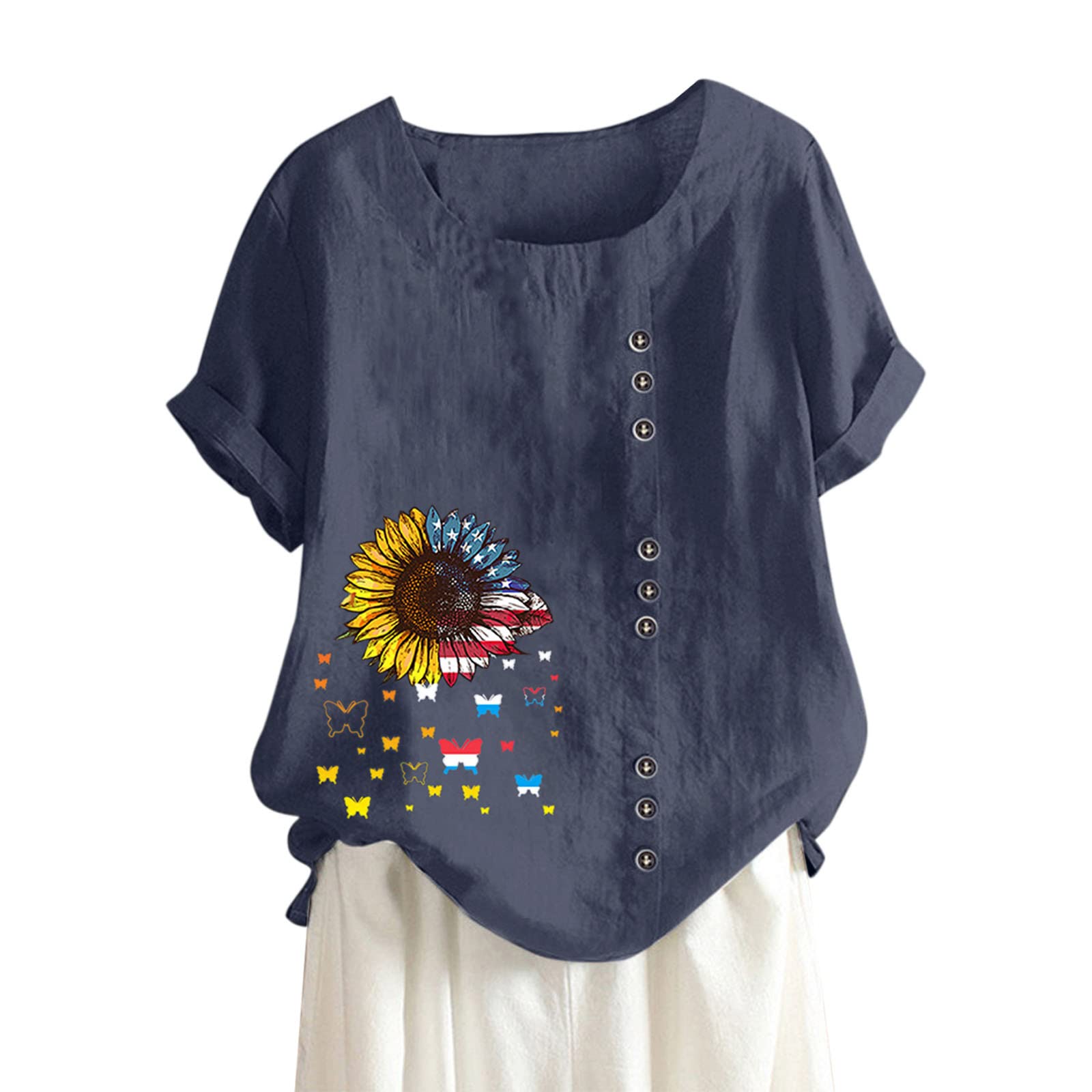 Women's Cotton Linen T-Shirt - Loose Fit Casual Short Sleeve Top with Button Detail | Plus Size Black Blouse for Everyday Wear, Summer Outfits & Office Casual