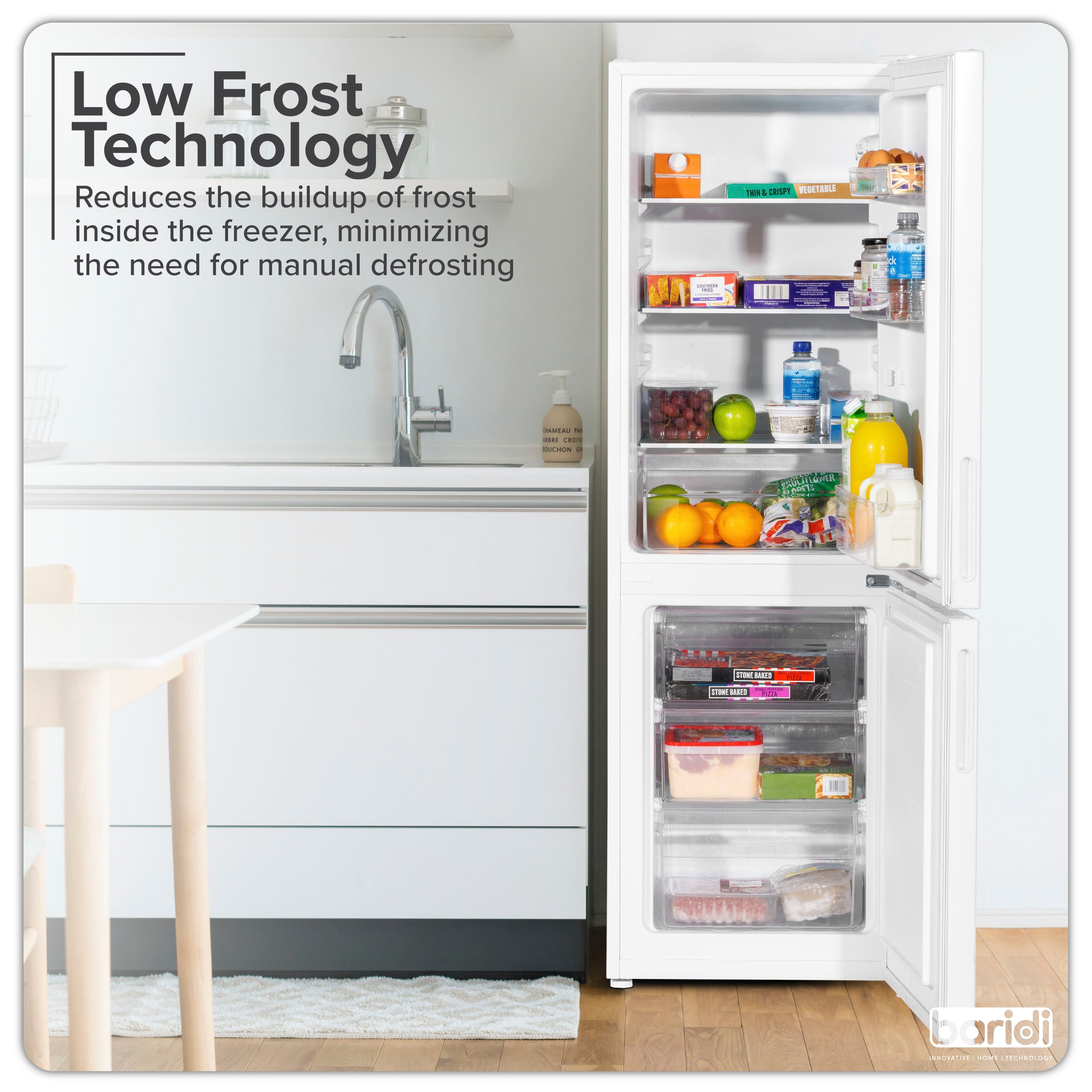 Baridi 47cm 70/30 Fridge Freezer with Adjustable Thermostat - 157L Capacity, Energy Efficient, White (Model DH252) - Perfect for Apartments, Dorms, and Small Kitchens