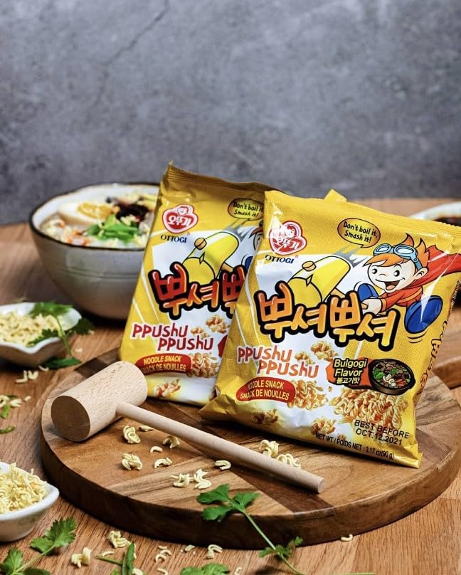 OTTOGI PPUSHU PPUSHU Crush to Eat Noodle Snack - Variety Pack with BBQ, Bulgogi, Grilled Chicken & Spicy Rice Cake Flavors (90g x 8 Pack) | Korean Instant Noodles for Quick Meals, Office Snacks & Late Night Cravings