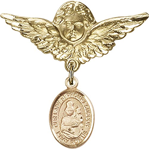 Gold Filled Religious Badge Pin - Our Lady of Prompt Succor Charm & Winged Angel Medal for Baby Baptism, First Communion & Catholic Gifts