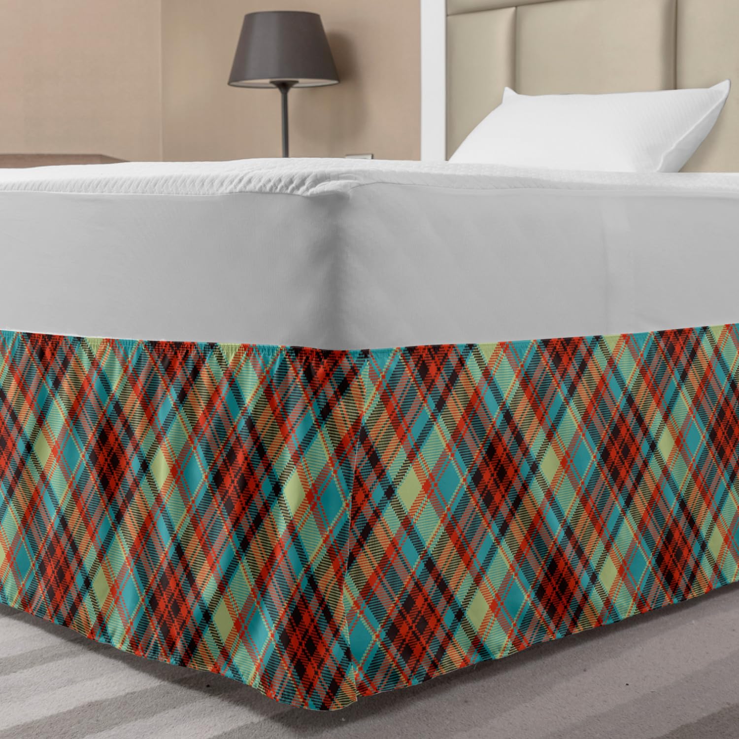Ambesonne Plaid Bed Skirt - Abstract Pixel Art Crossing Lines Design, Elastic Wrap Around Bedroom Decor, Gathered Style for Twin/Twin XL Beds - Perfect for Modern Home Decor & Guest Room Styling