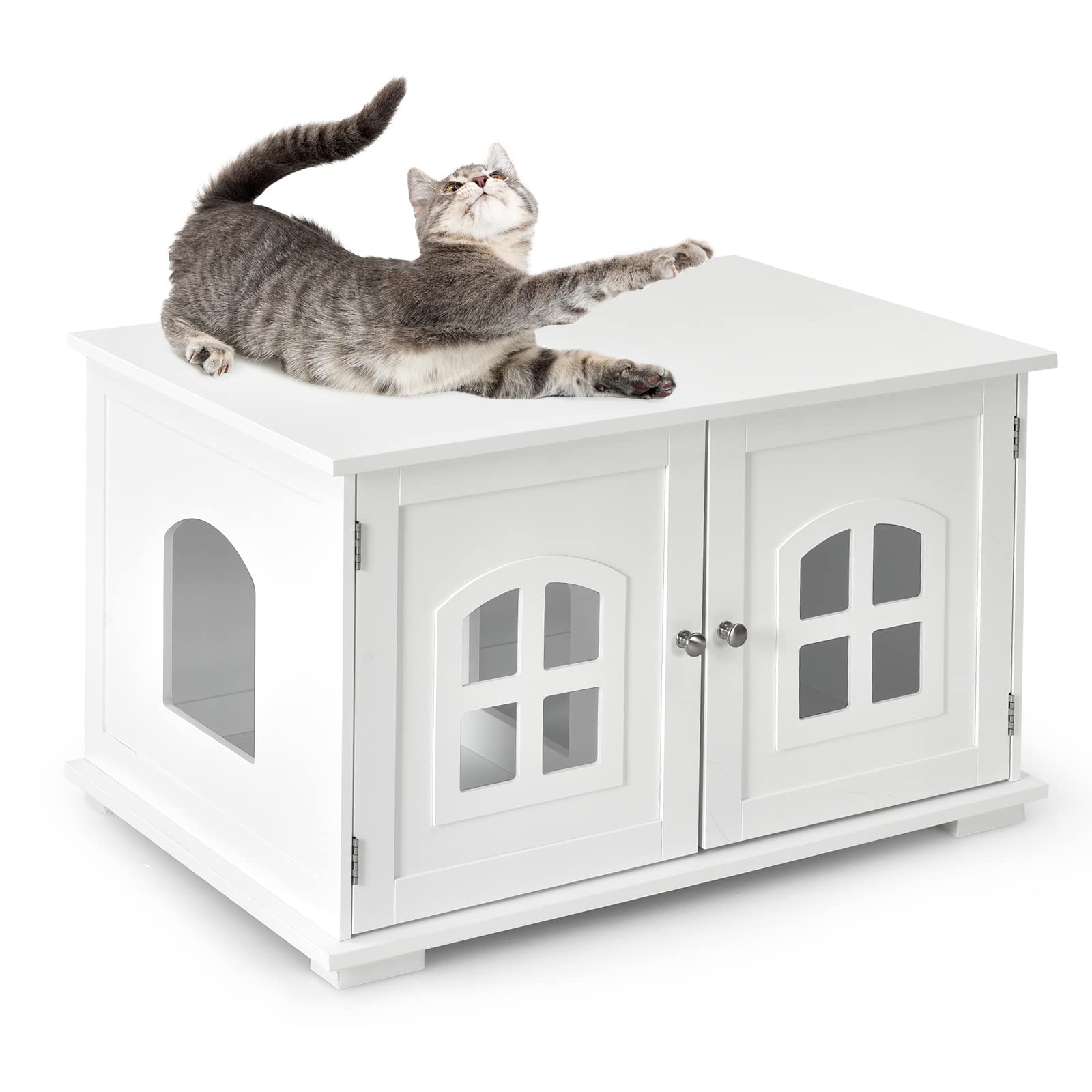 **White Wooden Cat Litter Box Enclosure - Hidden Kitty Washroom Storage Cabinet with Double Doors & Windows - Furniture Bench End Table for Living Room & Bedroom - Perfect for Small Spaces & Pet-Friendly Homes**