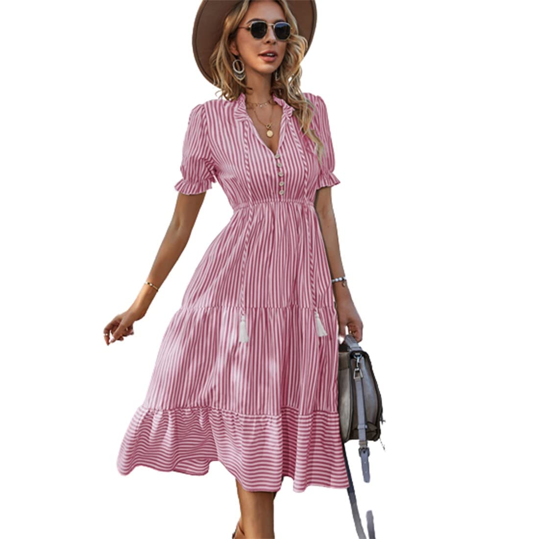 Stylish Striped Casual Dresses for Women - European & American Fashion Summer Ruffled Dress | Perfect for Beach Outings, Date Nights & Spring Vacations