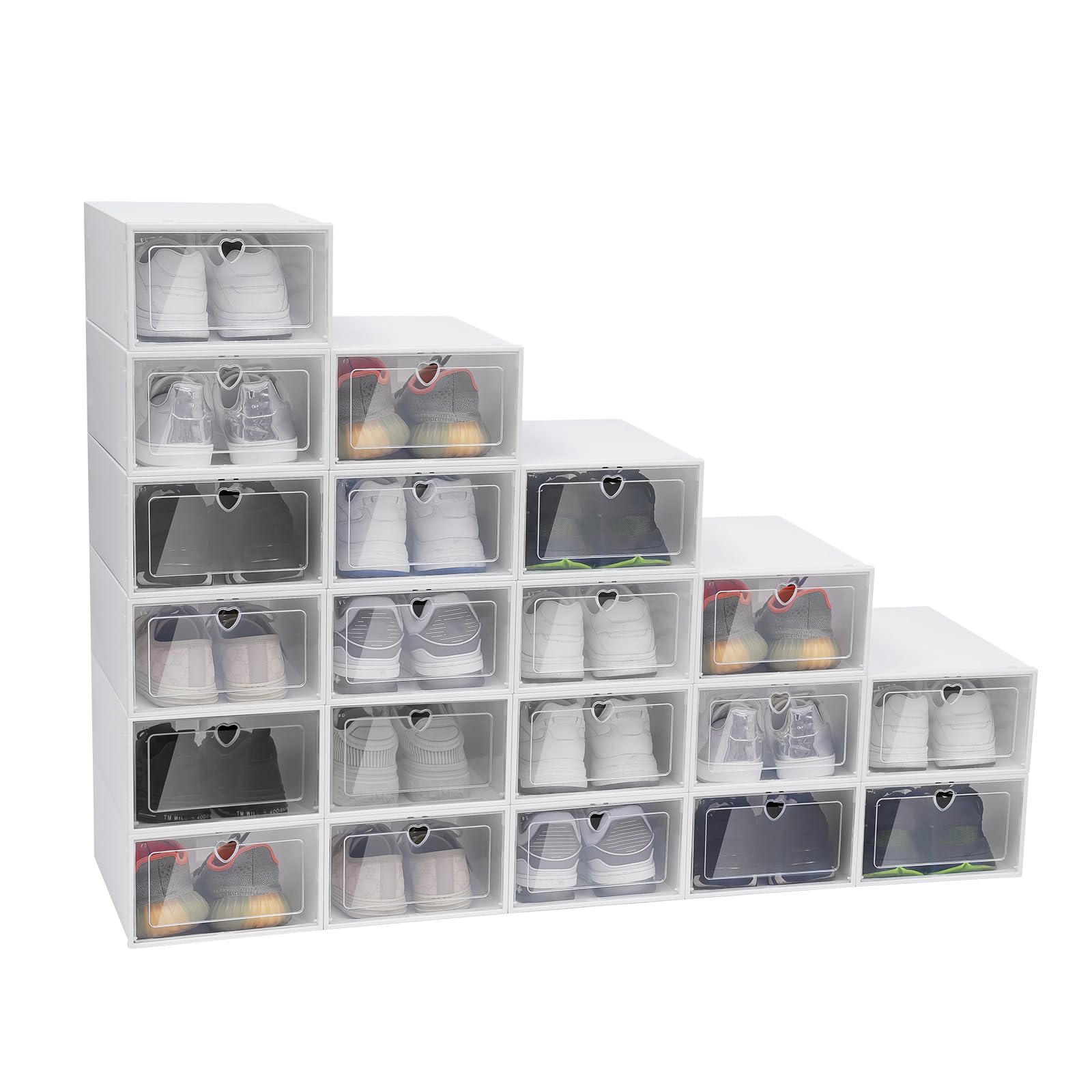 20 Pack Clear Plastic Stackable Shoe Storage Boxes - Foldable Drawer Front Opening Organizer Bins for Sneakers & Shoes | Perfect for Closet, Bedroom & Entryway Organization
