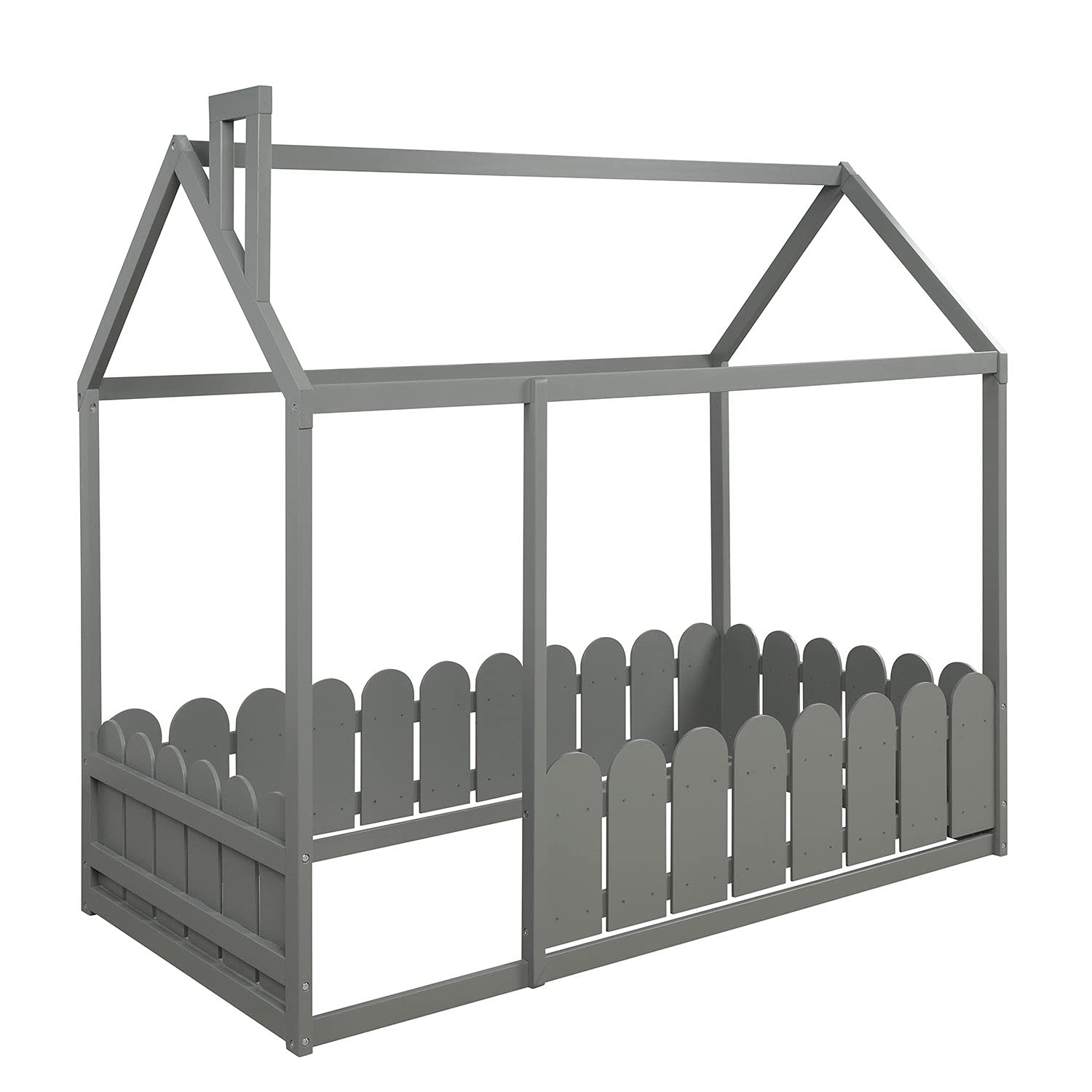 **House-Shaped Wooden Kids Bed Frame with Safety Fence for Toddlers, Children & Teens - Twin Size, Gray - No Weight Limit, Box Spring Required - Perfect for Nursery, Bedroom & Playroom**