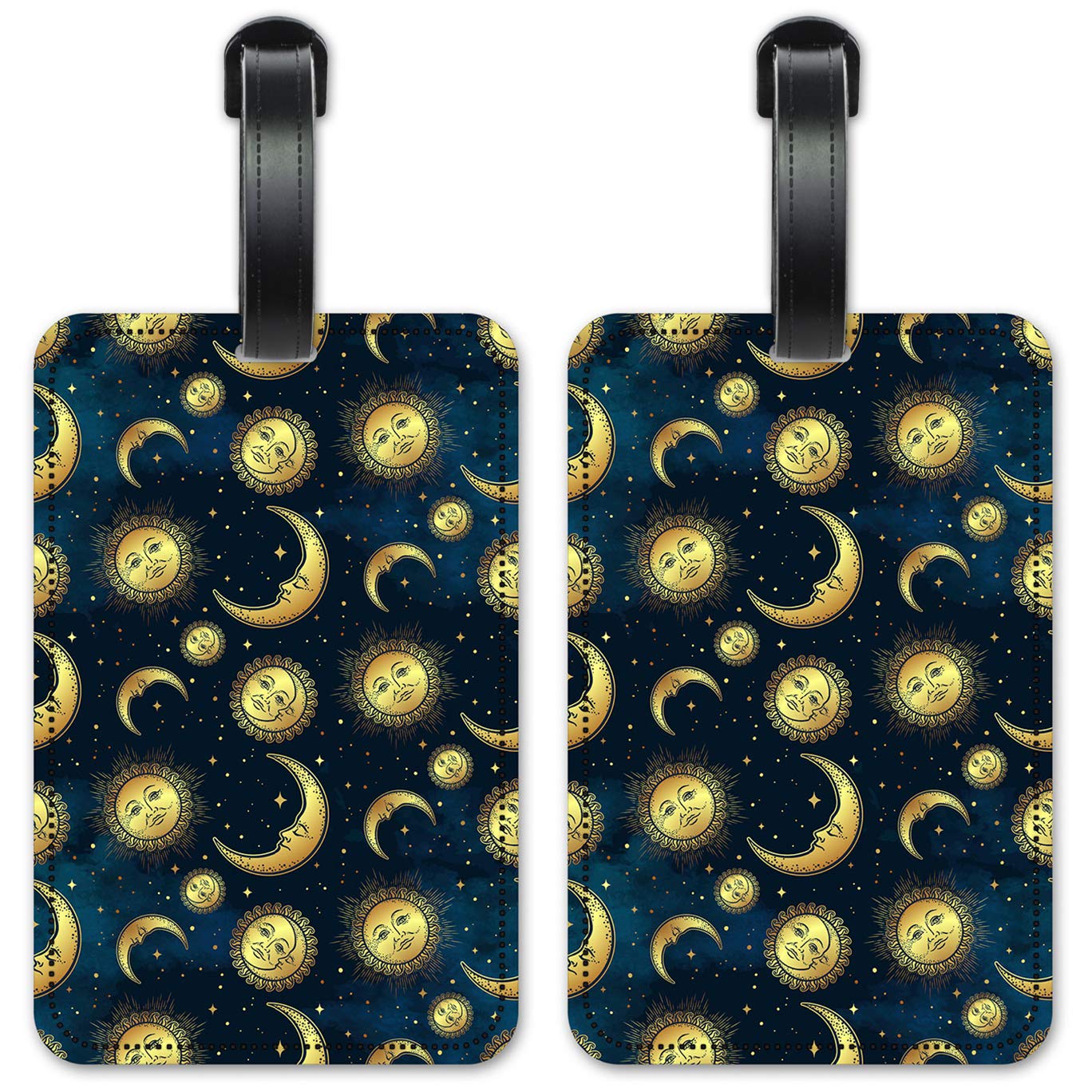 Golden Moon & Suns - 2 Pack Durable Luggage ID Tags with Sun & Moon Design - Waterproof Suitcase Identification Cards for Travel, Airports & Cruise Vacations
