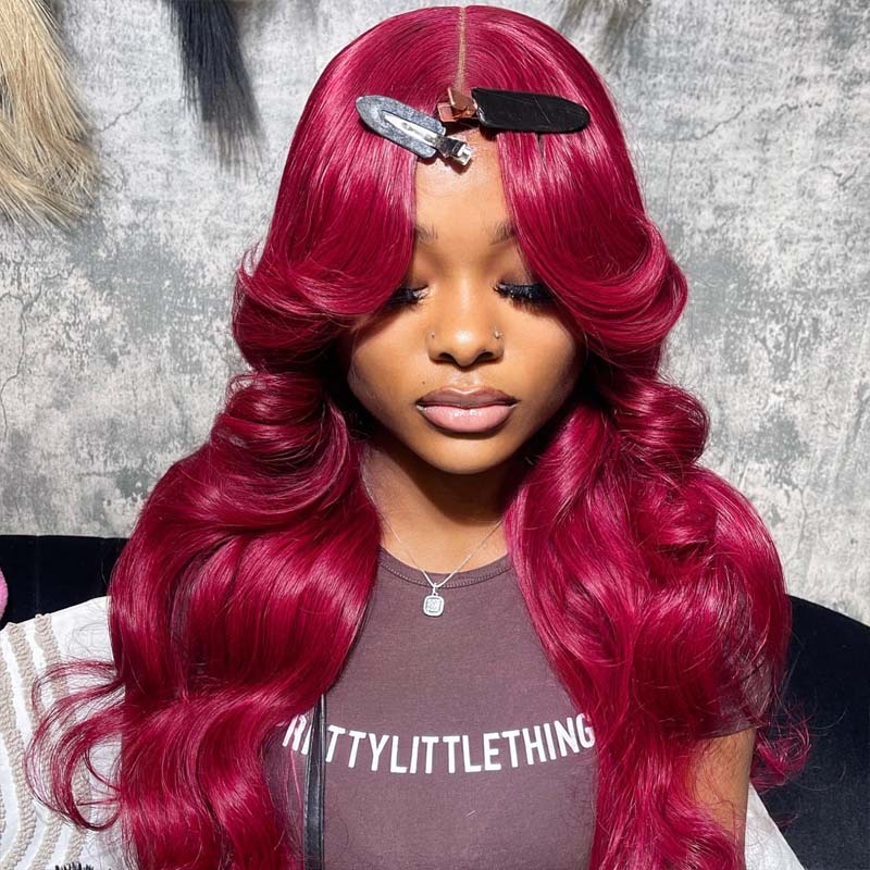 Eullair Burgundy Red Body Wave Human Hair Wig with Layered Cut & Curtain Bangs | Glueless Lace Frontal Wig for Women | Perfect for Cosplay, Daily Wear & Special Occasions