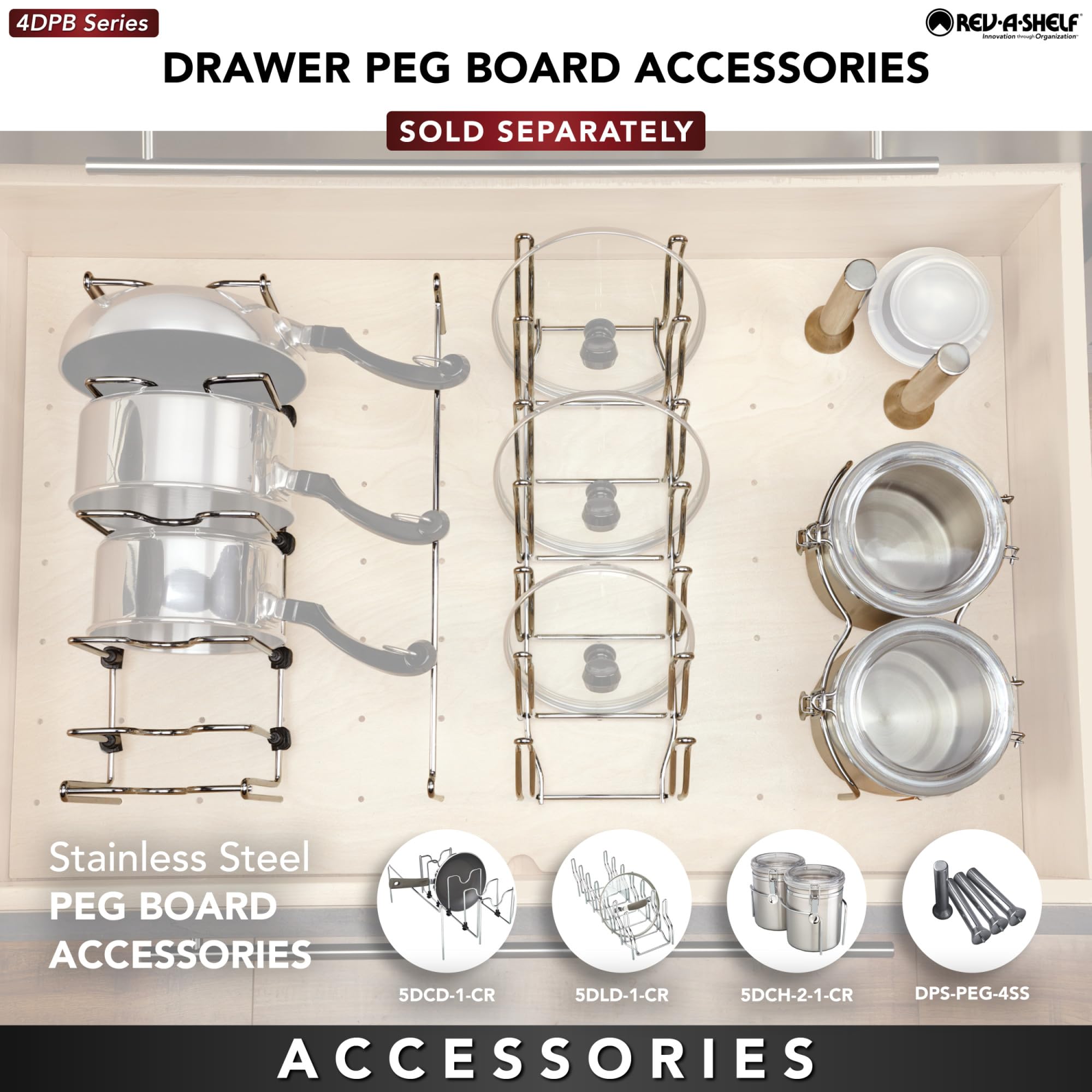 Rev-A-Shelf Adjustable Pegboard Drawer Organizer - Customizable Kitchen Cabinet Storage for Utensils, Pots & Dishes - 24