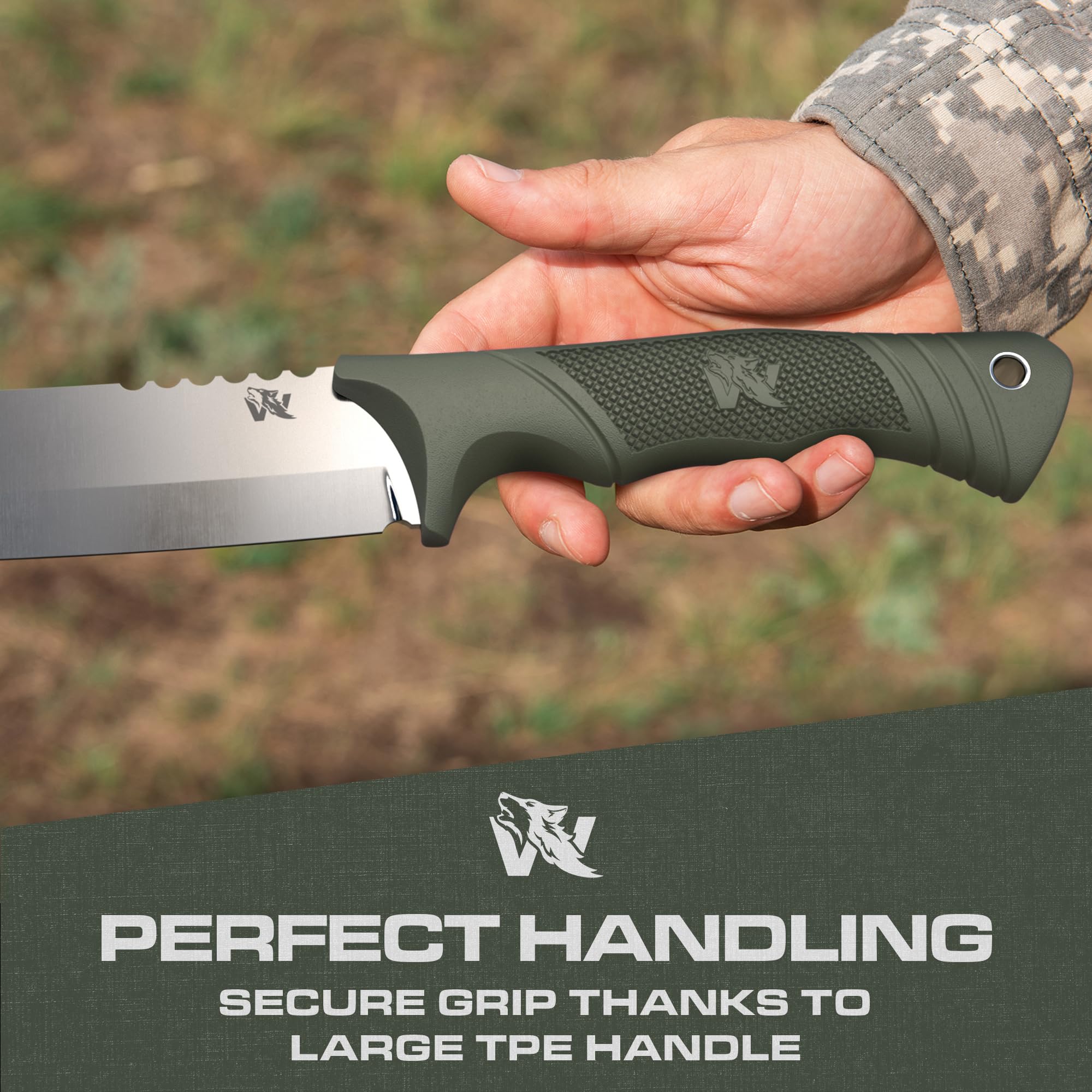 D2 Steel Survival Machete with Sheath - Full Tang Tactical Knife for Bushcraft, Yard Work & Tree Cutting - Heavy Duty TPE Handle for Outdoor Camping, Hunting & Emergency Preparedness