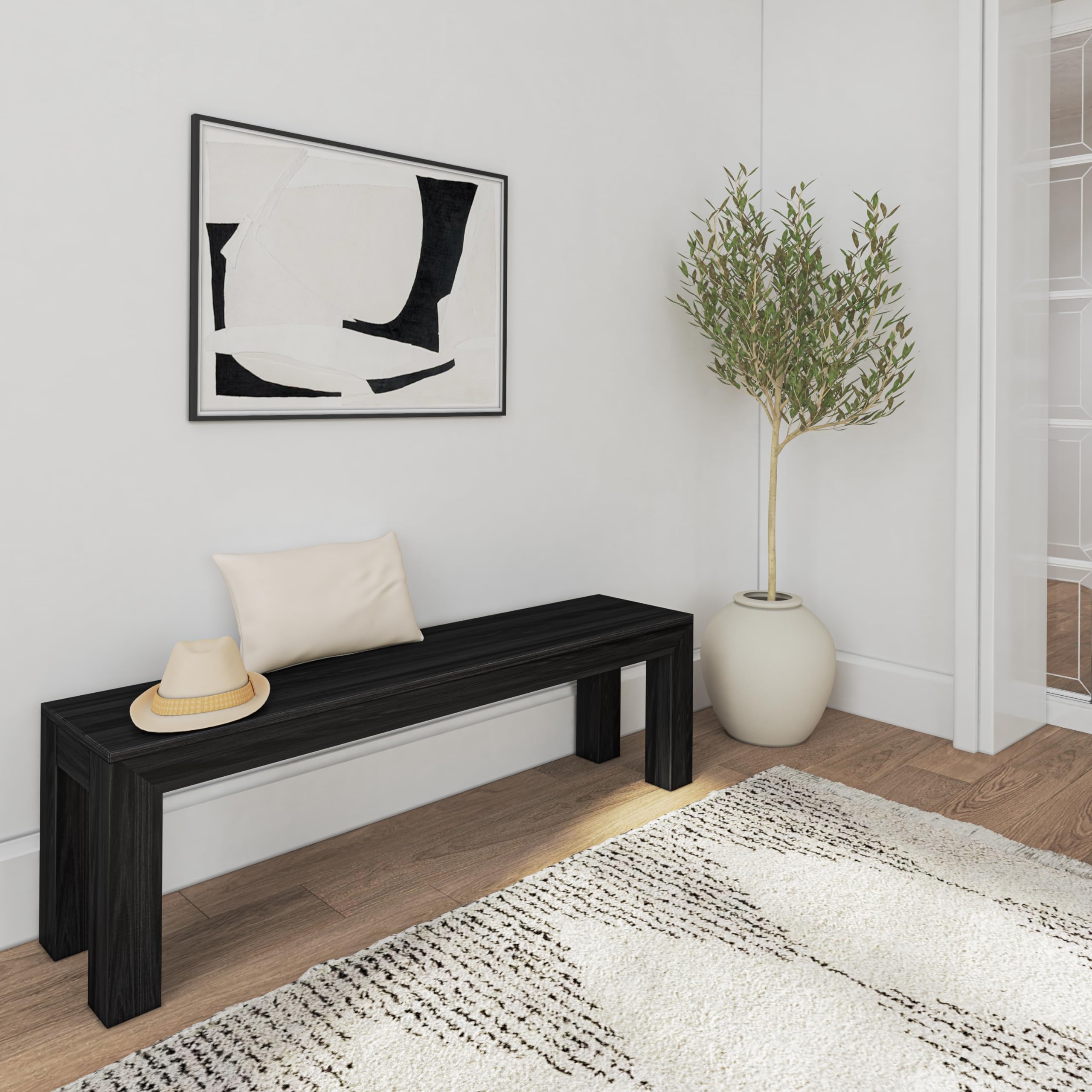 60 Inch Solid Wood Dining Bench for Kitchen & Dining Room - Black Wirebrush Finish - Fits 72 Inch Tables - Indoor/Outdoor Entryway & Patio Seating