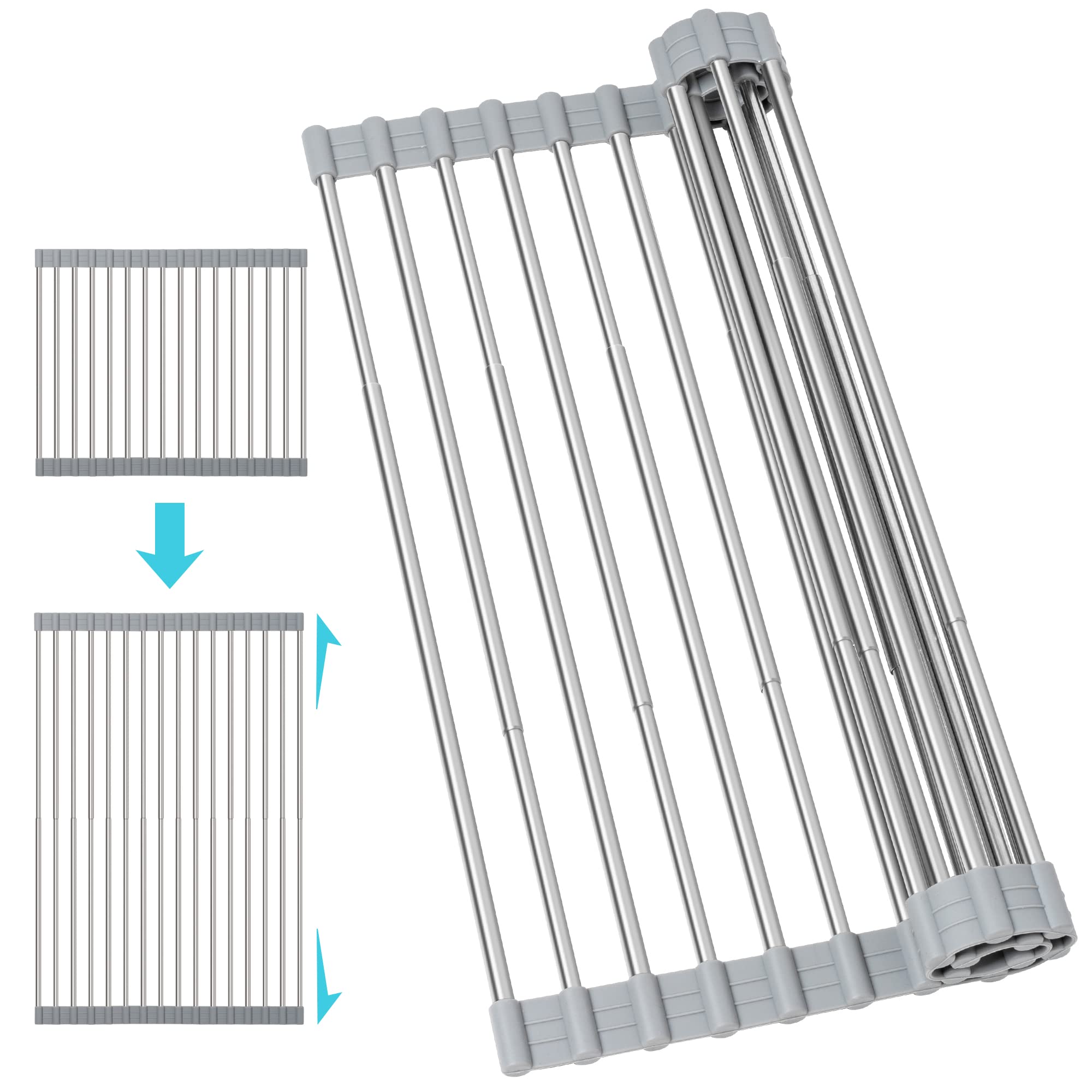 Adjustable Roll Up Dish Drying Rack - Collapsible Over The Sink Kitchen Drainer with Silicone & Stainless Steel - Portable Space-Saving Solution for Small Kitchens, Apartments, RVs and Camping