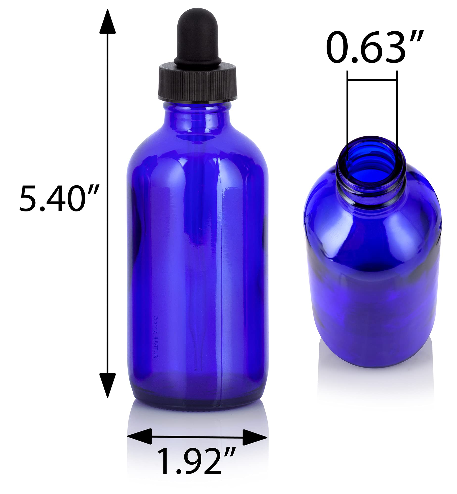 JUVITUS 4 oz (120 ml) Cobalt Blue Glass Boston Round Bottles with Black Dropper Caps - 6 Pack with Free Funnel - Essential Oil, DIY Beauty & Herbal Tincture Storage Solution