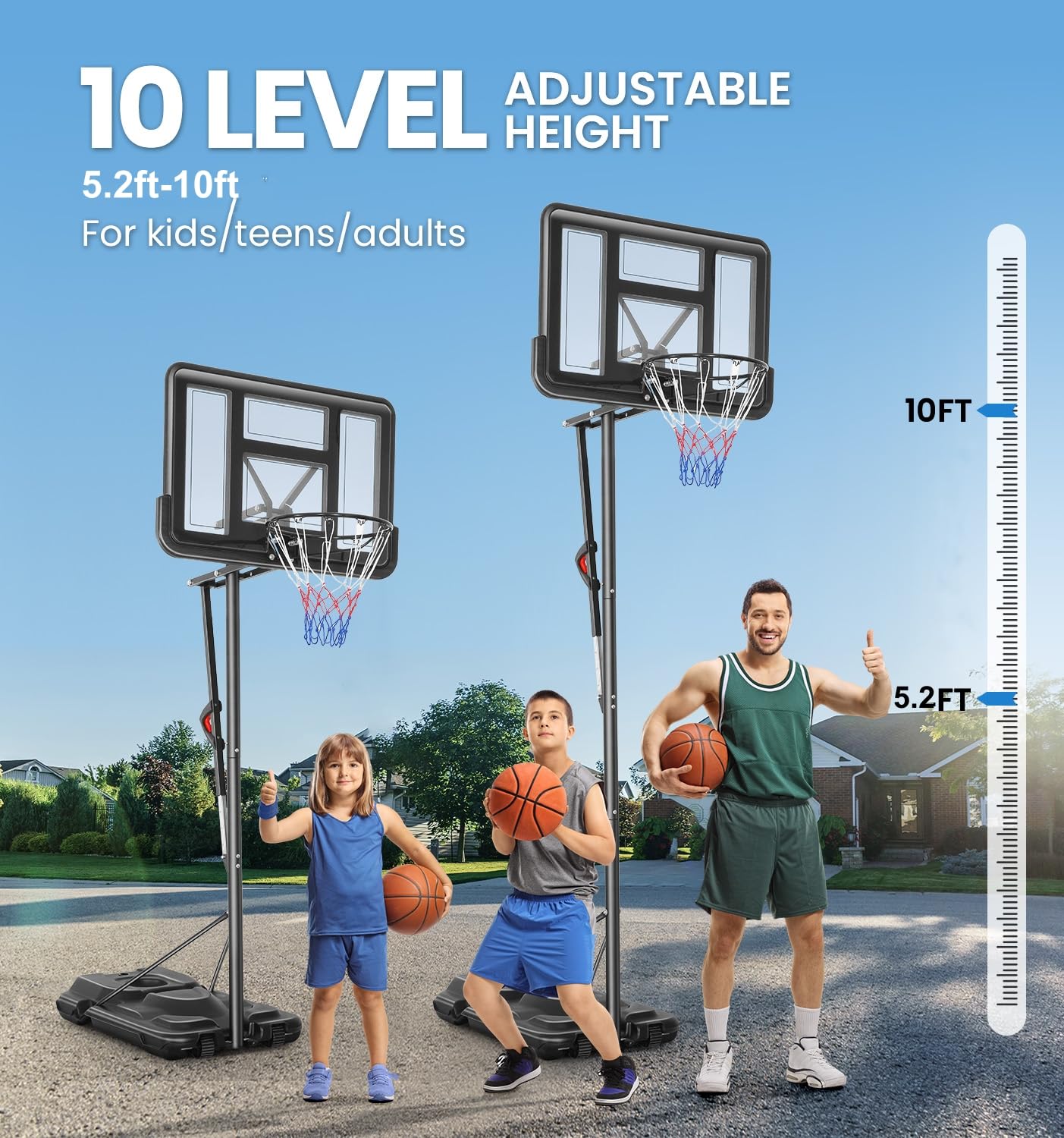 10ft Adjustable Portable Basketball Hoop System for Kids, Youth & Adults - 48 Inch Shatterproof Backboard - Perfect for Backyard, Driveway & Indoor Use - Outdoor Basketball Goals for Home Training & Family Fun