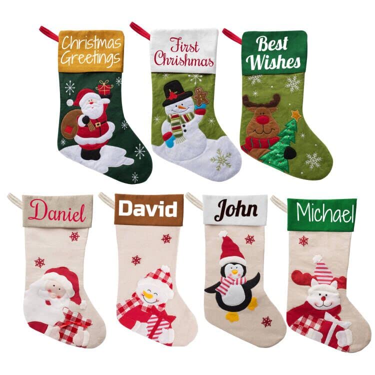Personalized Christmas Stockings Set of 7 with Custom Names - Festive Family Holiday Decorations for Fireplace Mantel, Gift Exchange & Cozy Home Decor (7 Pack)