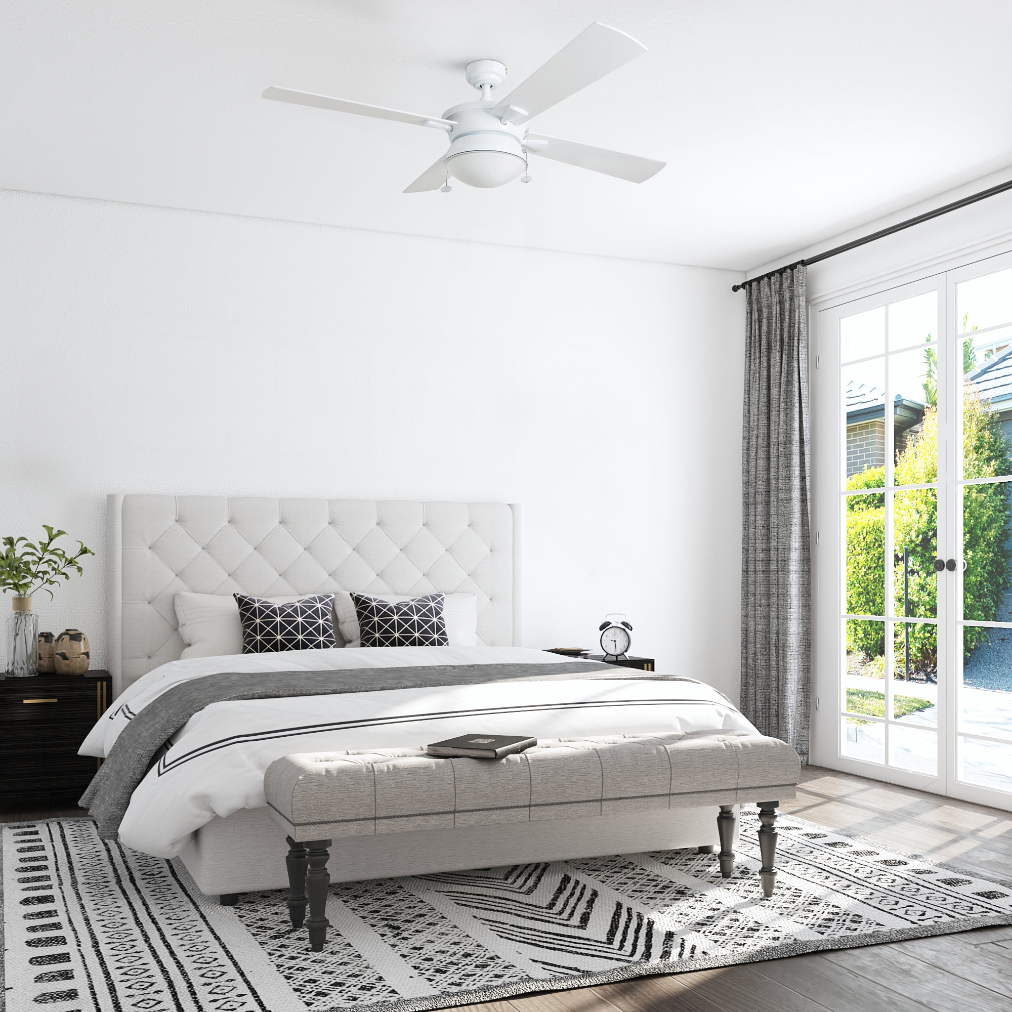 52 Inch White Auletta Ceiling Fan with Pull Chain - Indoor/Outdoor Use for Bedroom, Living Room, Patio & Covered Porch