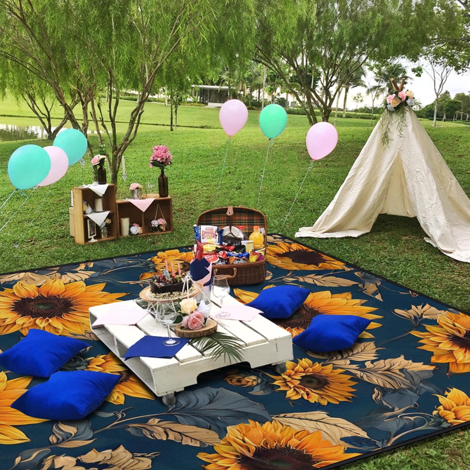 Extra Large Waterproof Picnic Blanket 60x80 Inches - Foldable Sunflower Boho Beach Mat for Outdoor Camping, Hiking & Travel | Thick Floral Rug for Park, Beach, Backyard & Picnics