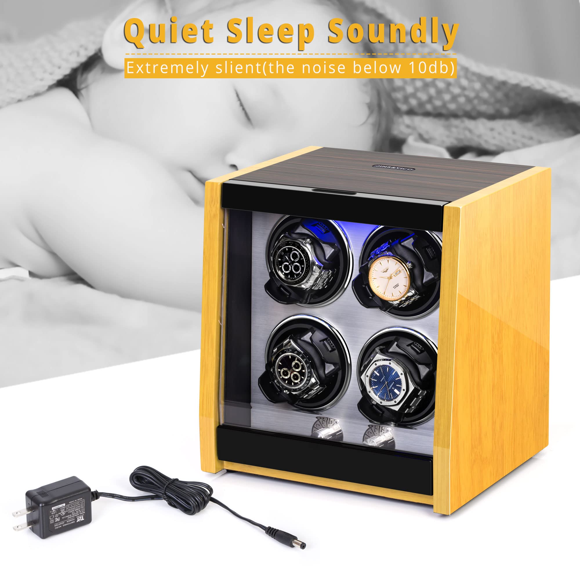 Premium JINS&VICO Automatic Watch Winder - Luxury 4 Watch Storage Case with Bamboo Pattern High Gloss Finish, Built-in LED Lighting, Adjustable Watch Pillows & 4 Rotation Modes | Perfect for Rolex, Omega & Automatic Watch Collections | Home Office & Travel Use