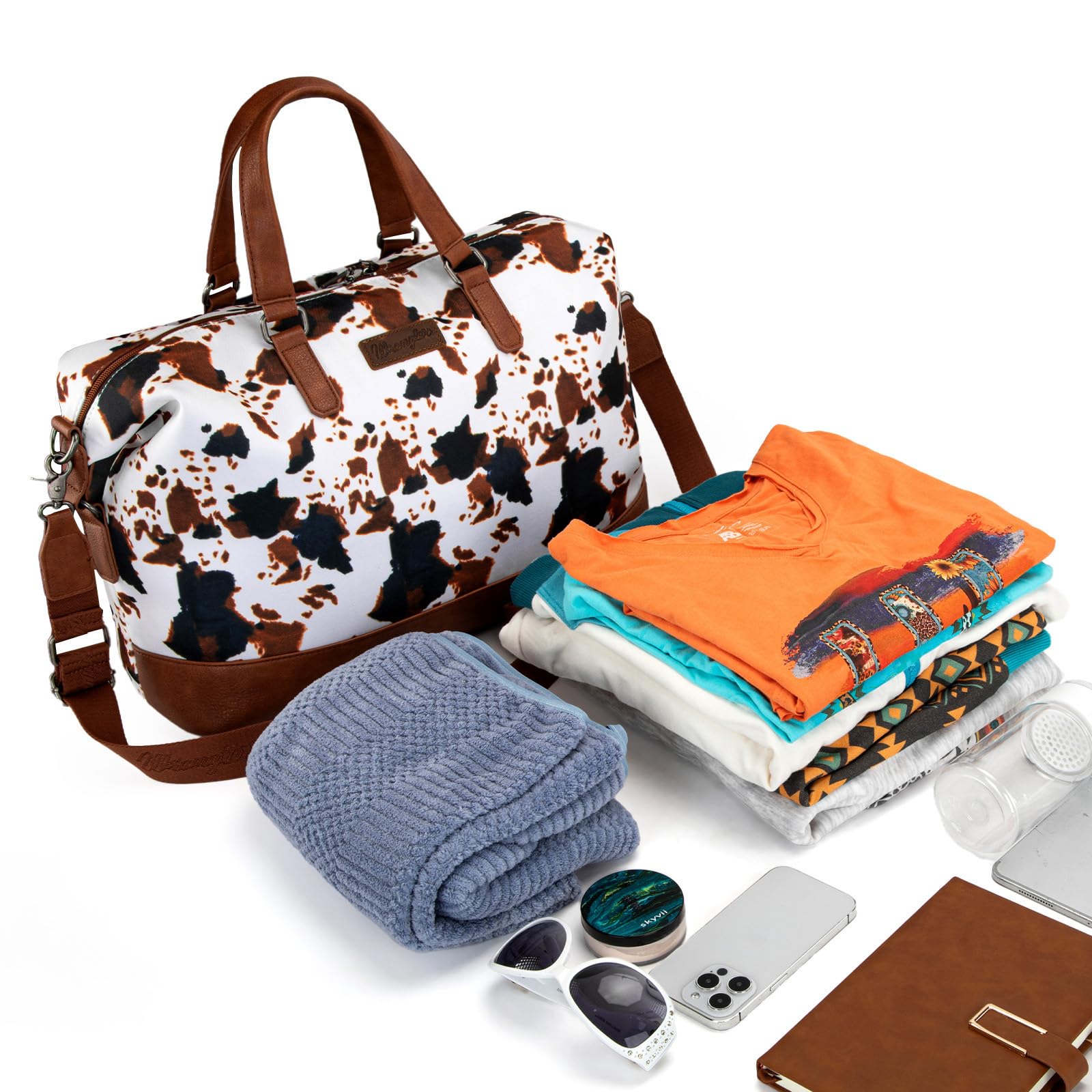 Wrangler Women's Oversized Cow Print Travel Duffle Bag - Weekender & Overnight Bag WG133-5110BR - Perfect for Gym, Weekend Getaways & Air Travel