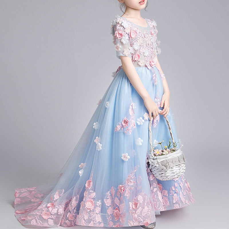 Royal Blue Lace Tulle Princess Flower Girl Dress with 1/2 Sleeves & Bow - Perfect for Weddings, Baptisms & Special Occasions