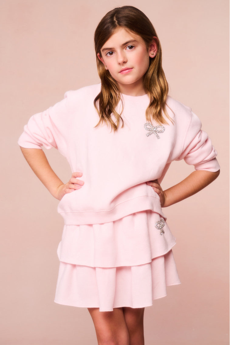 Crystal Bow Fleece Ruffle Mini Skirt for Girls - Elegant Winter Party Dress for Holidays & Special Occasions