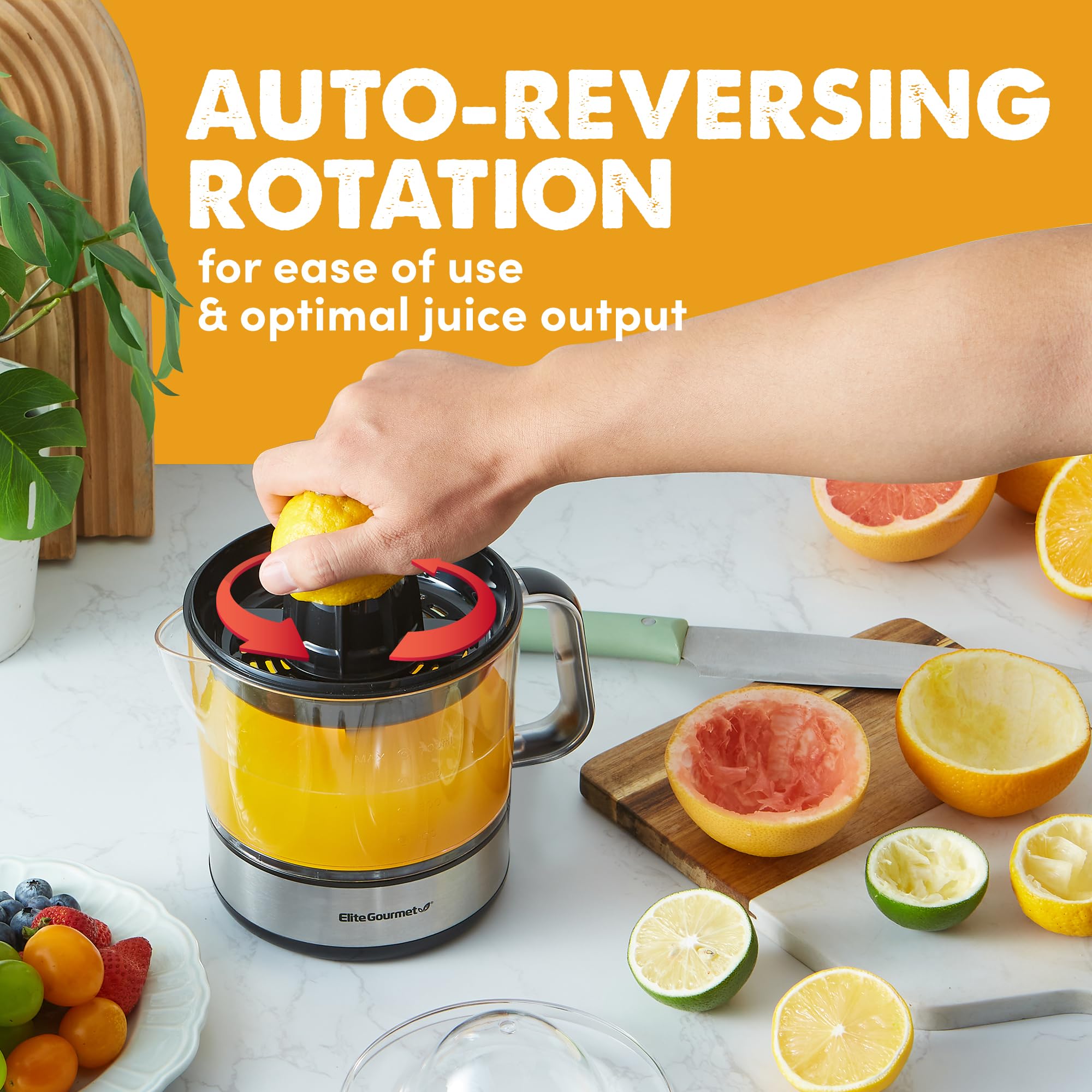 BPA-Free Electric Citrus Juicer - Elite Gourmet ETS623 Compact Juicer for Oranges, Lemons, Limes & Grapefruits with Pulp Control & Easy Pour Spout, 24oz Capacity, Black/Stainless Steel - Perfect for Breakfast, Fresh Juice Bars & Healthy Home Cooking