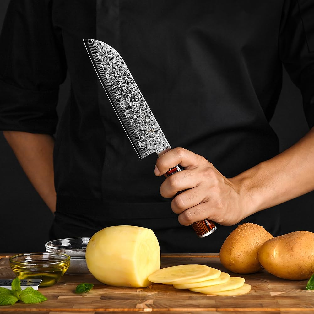 FANTECK 7 Inch Damascus Santoku Knife - Ultra Sharp Japanese VG10 67 Layer Stainless Steel Chef Knife - High Carbon Kitchen Knife for Meat, Fruit & Vegetable Cutting - Pakkawood Handle with Gift Box & Sheath - Perfect for Home Chefs & Cooking Enthusiasts