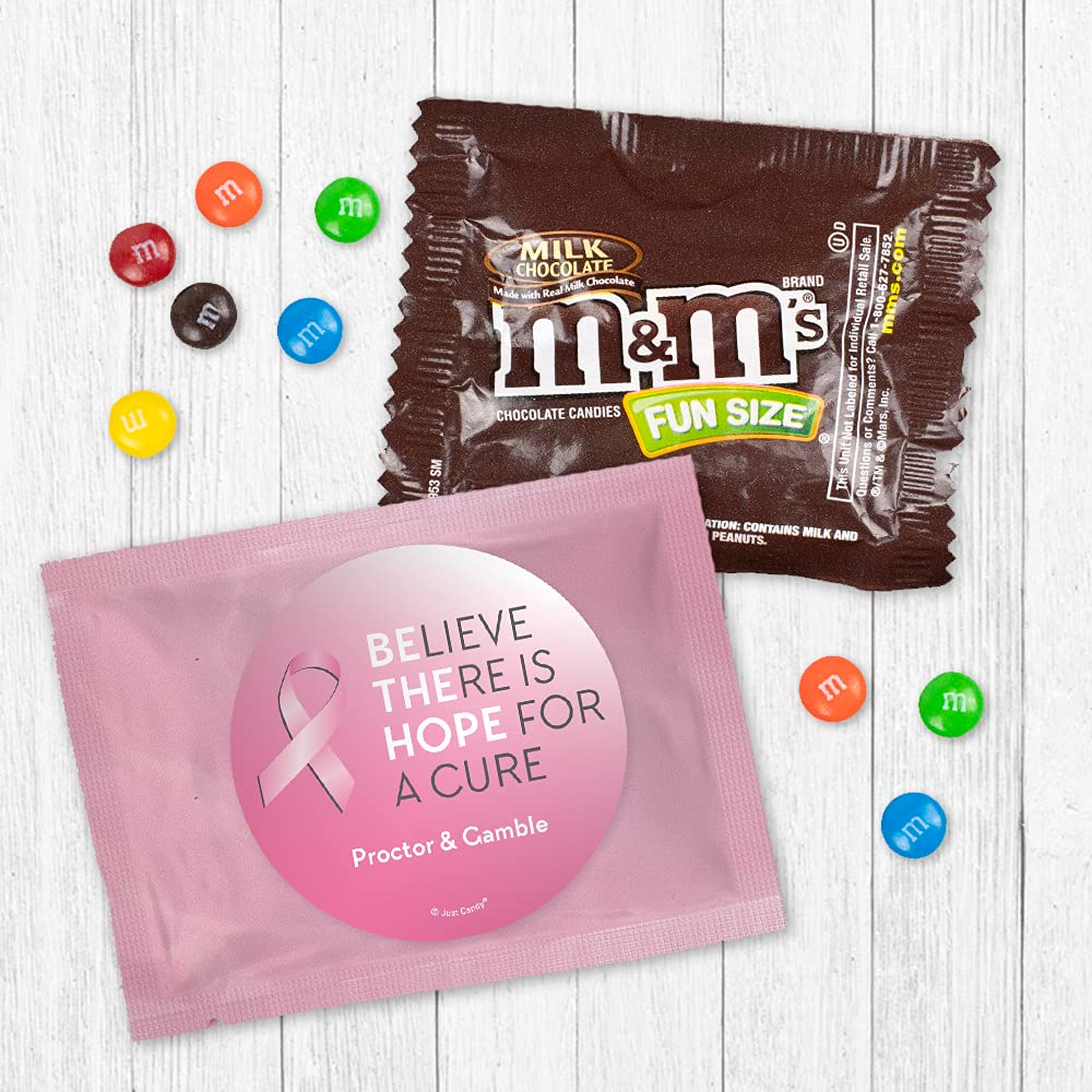 Personalized Breast Cancer Awareness Pink Ribbon Milk Chocolate M&M Fun Size Candies in Pink Foil - 24 Pack for Fundraisers, Giveaways & Support Events - Perfect for Charity Walks, Survivor Celebrations & Awareness Campaigns