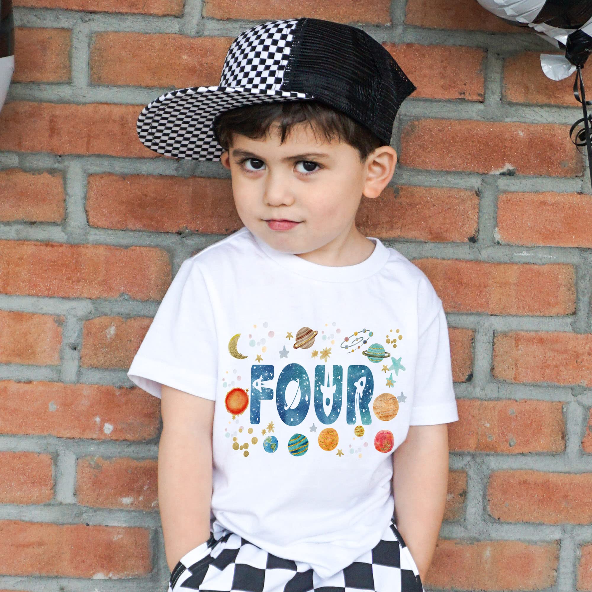 Space Four Birthday Shirt for Boys - Astronaut 4th Birthday Party Outfit with Rocket Design - Toddler Size 5 - Perfect for Space-Themed Parties & Photo Shoots