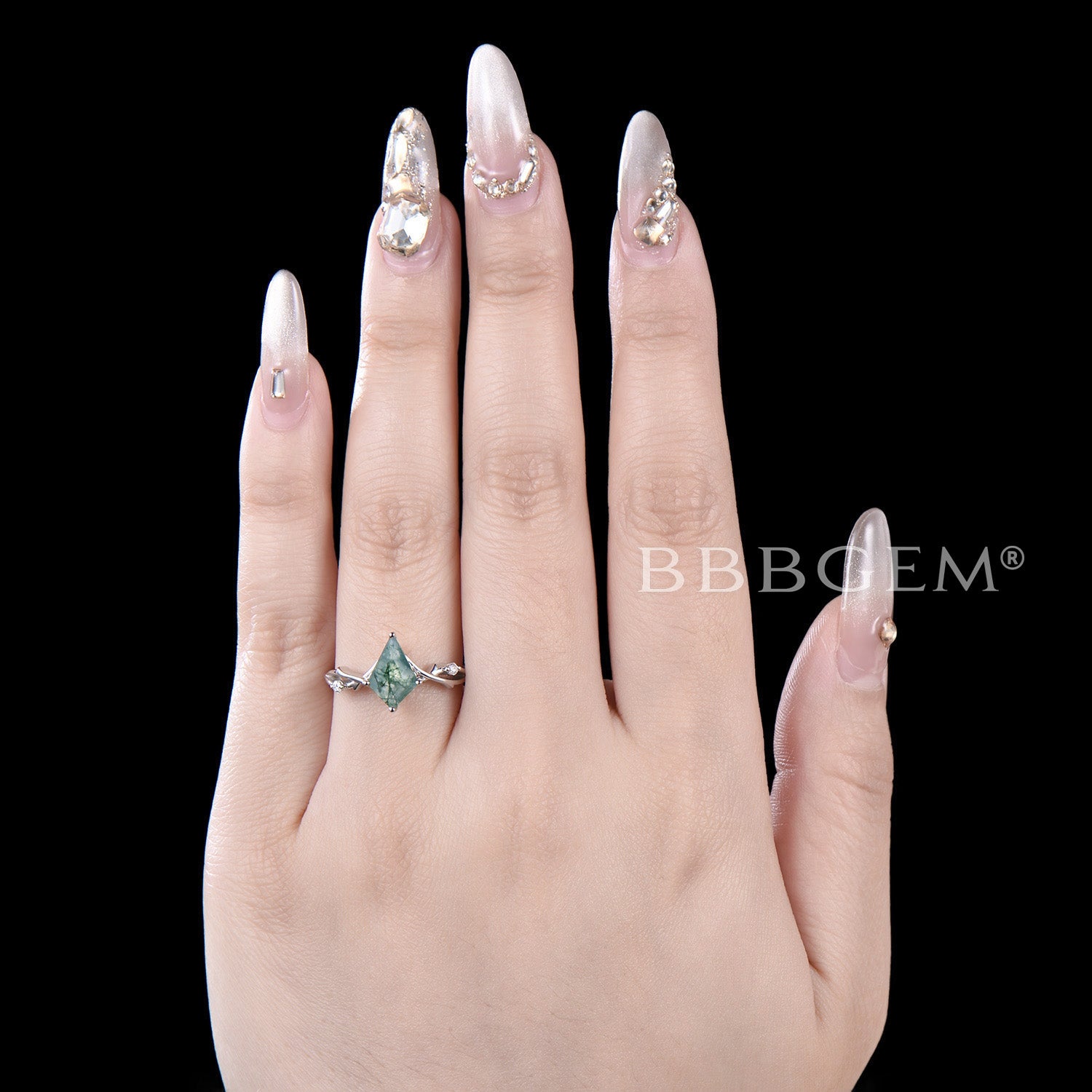 Twig Kite Moss Agate Ring - Sterling Silver Green Moss Gemstone Engagement Ring for Women | Nature-Inspired Wedding Jewelry & Boho Engagement Gift