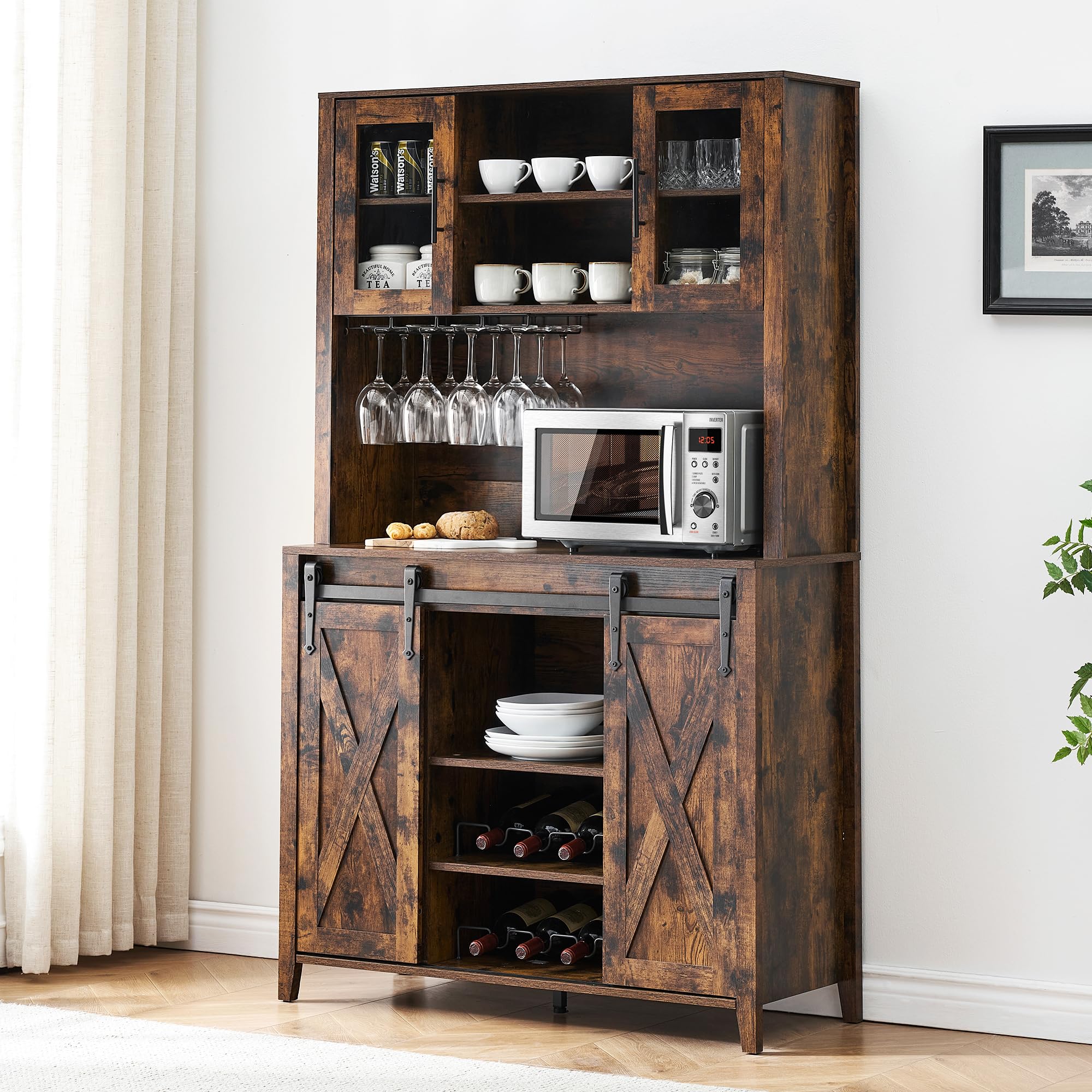 Farmhouse Coffee Bar Cabinet with Sliding Barn Door - 70