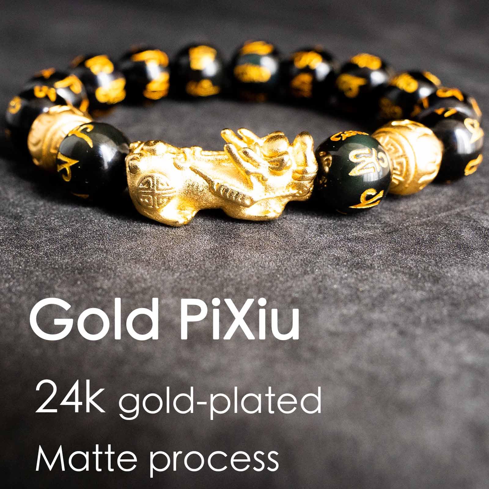 24K Gold Plated PiXiu Feng Shui Bracelet with Obsidian Beads - Dragon Protection Lucky Wealth Bracelet for Men & Women (12mm) - Meditation, Stress Relief & Spiritual Jewelry for Business Success & Positive Energy
