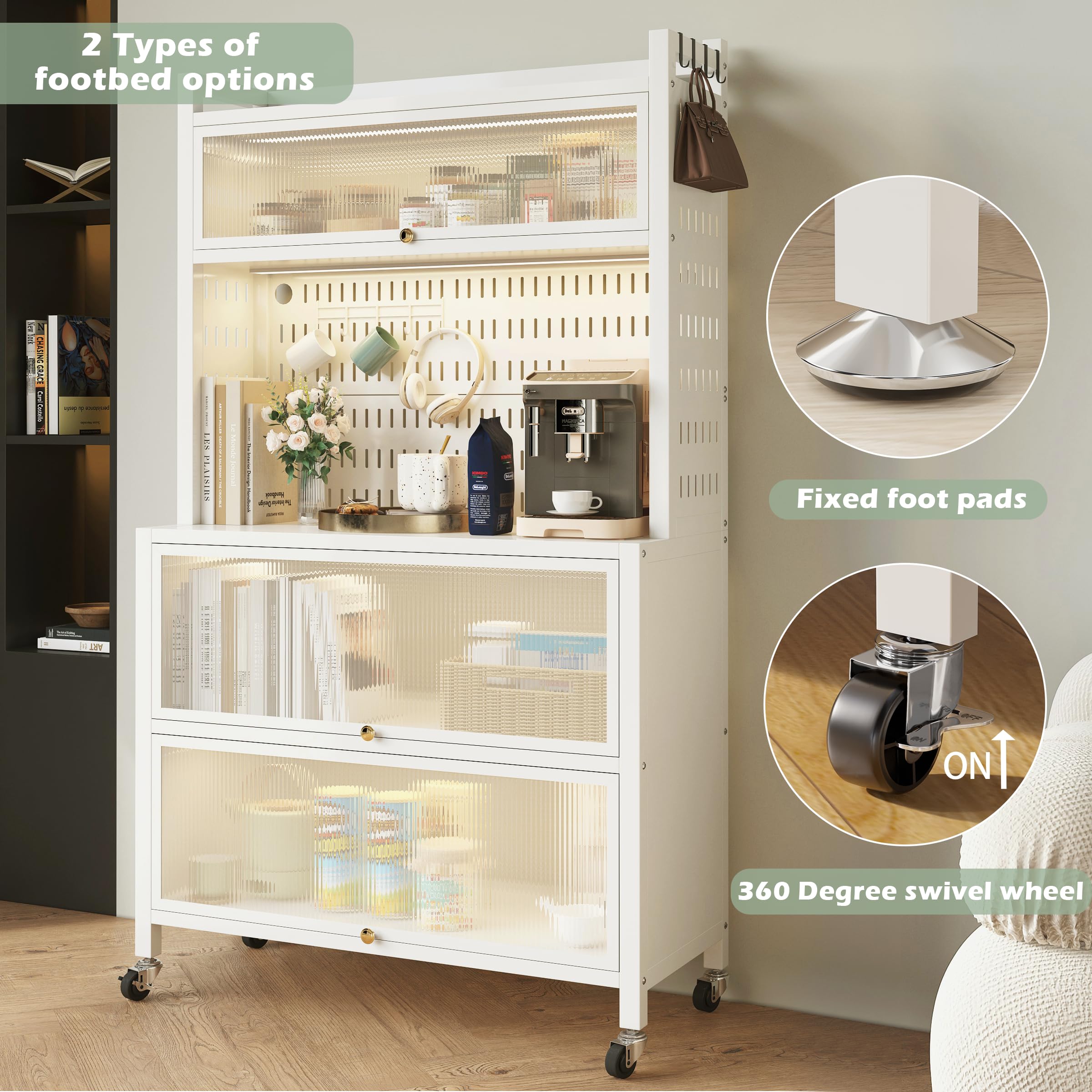 COVAODQ 5-Tier Kitchen Baker's Rack with Flip Door Cabinet & Pegboard Accessories - Microwave Stand for Garage, Pantry & Home Kitchen Organization - Perfect for Small Spaces, Baking Storage & Appliance Placement