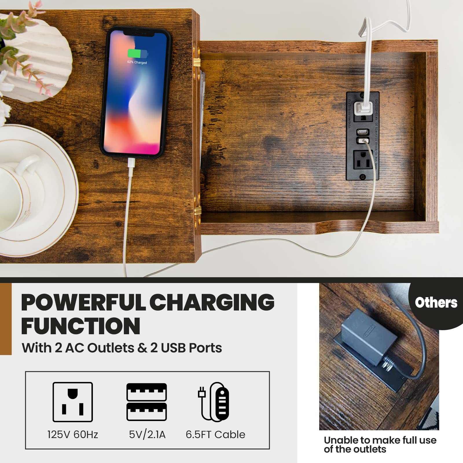 POWERSTONE 2-Piece Side Table Set with Charging Station & USB Ports - Flip Top End Table, Rustic Nightstand with Shelf & Fabric Bags - Narrow Bedside Table for Living Room, Bedroom - Perfect for Small Spaces & Device Charging