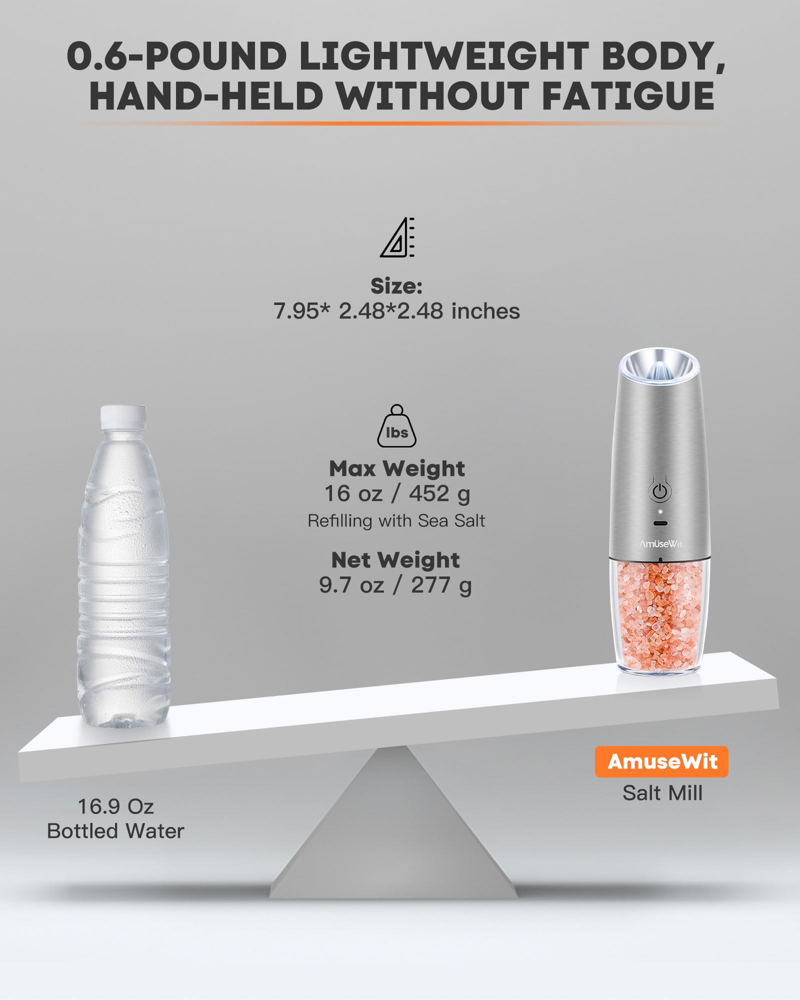 AmuseWit USB Rechargeable Electric Salt and Pepper Grinder Set - Adjustable Coarseness, One-Hand Operation, Stainless Steel Mills with White LED Light - Perfect for Kitchen, Dining Table & Outdoor BBQ
