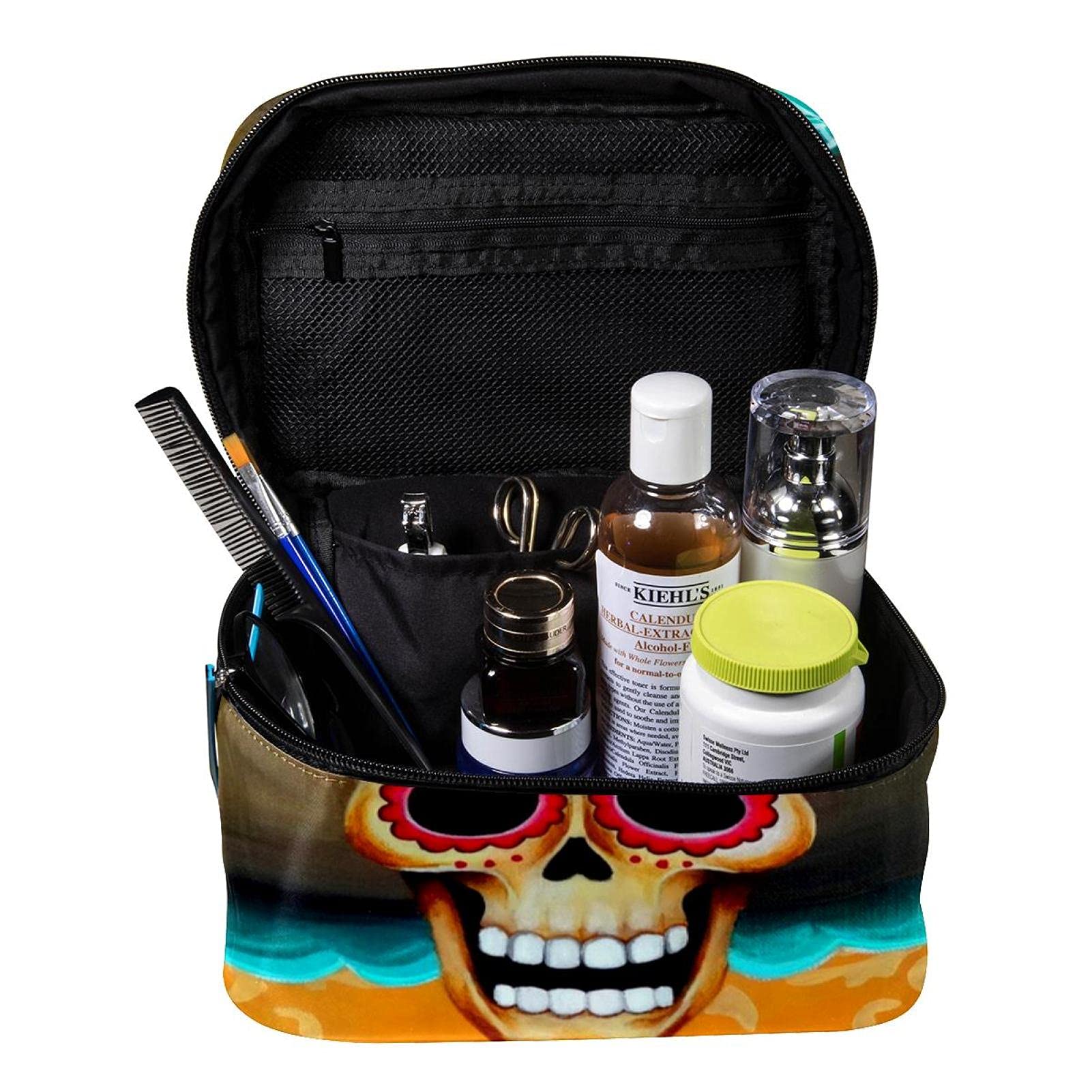 Mexican Sugar Skull Floral & Butterfly Print Large Travel Makeup Bag - Waterproof Cosmetic Organizer with Zipper for Women & Girls | Perfect for Vacation, Gym, Beach Trips & Daily Use