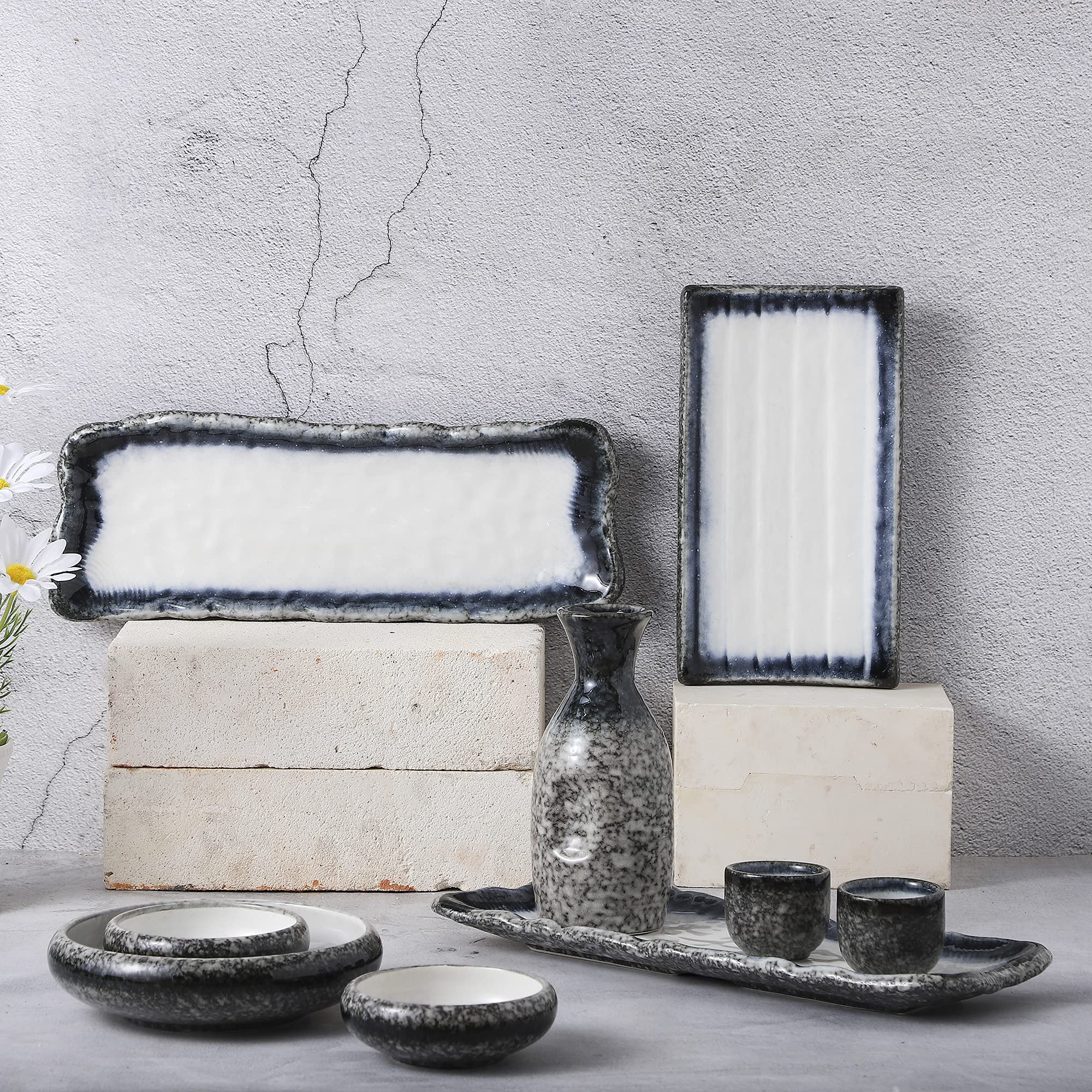 Premium Japanese Sushi Plates Set - 12.5 Inch Stoneware Rectangular Sashimi & Sushi Serving Dishes (Set of 4, Blue & White) - Perfect for Home Dining, Restaurants & Japanese-Themed Parties