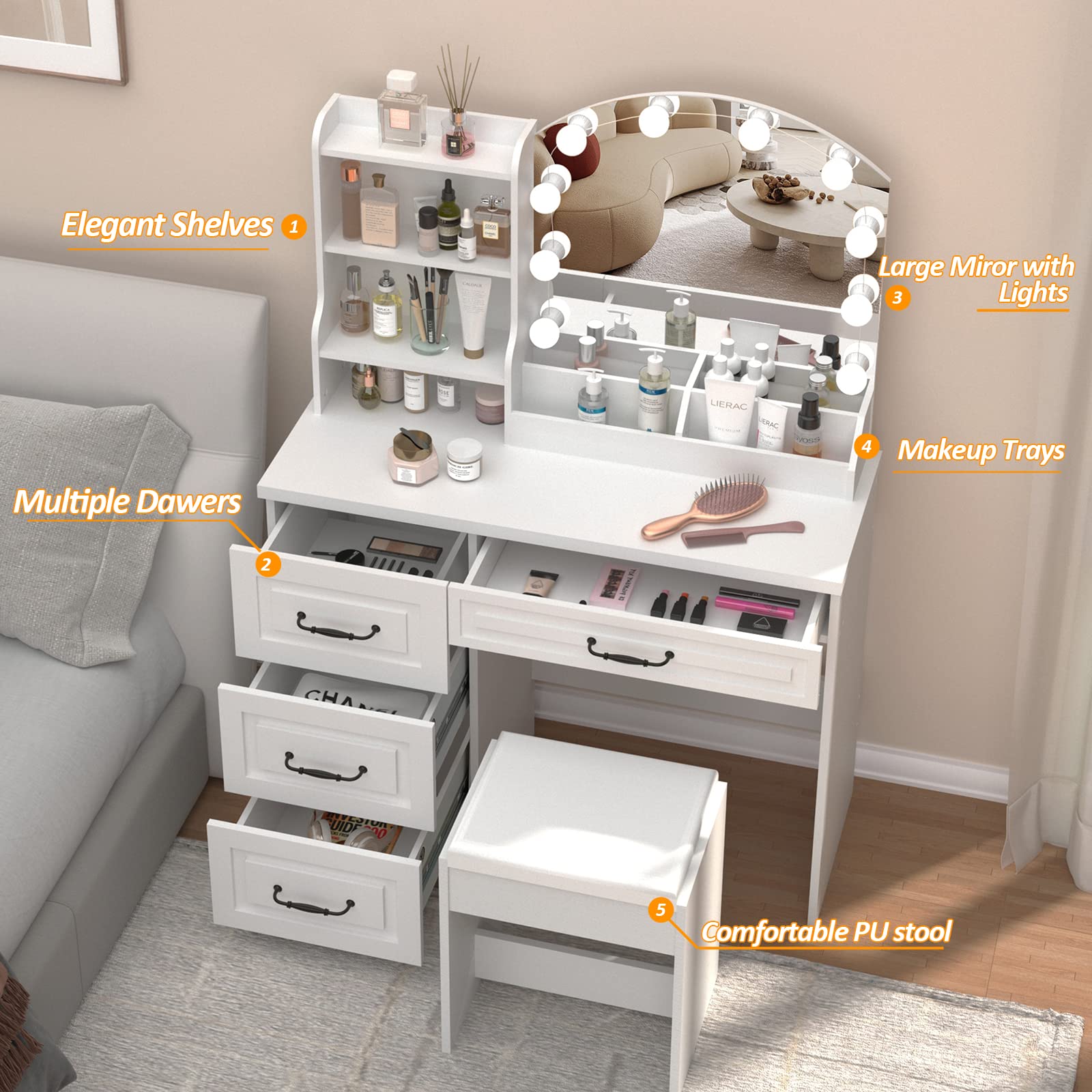 Vabches Makeup Vanity Desk with LED Lights & 4 Drawers - White Dressing Table with Large Storage (39.4 Inch), 3 Color Lighting Modes - Perfect for Bedroom, Dressing Room & Beauty Salon