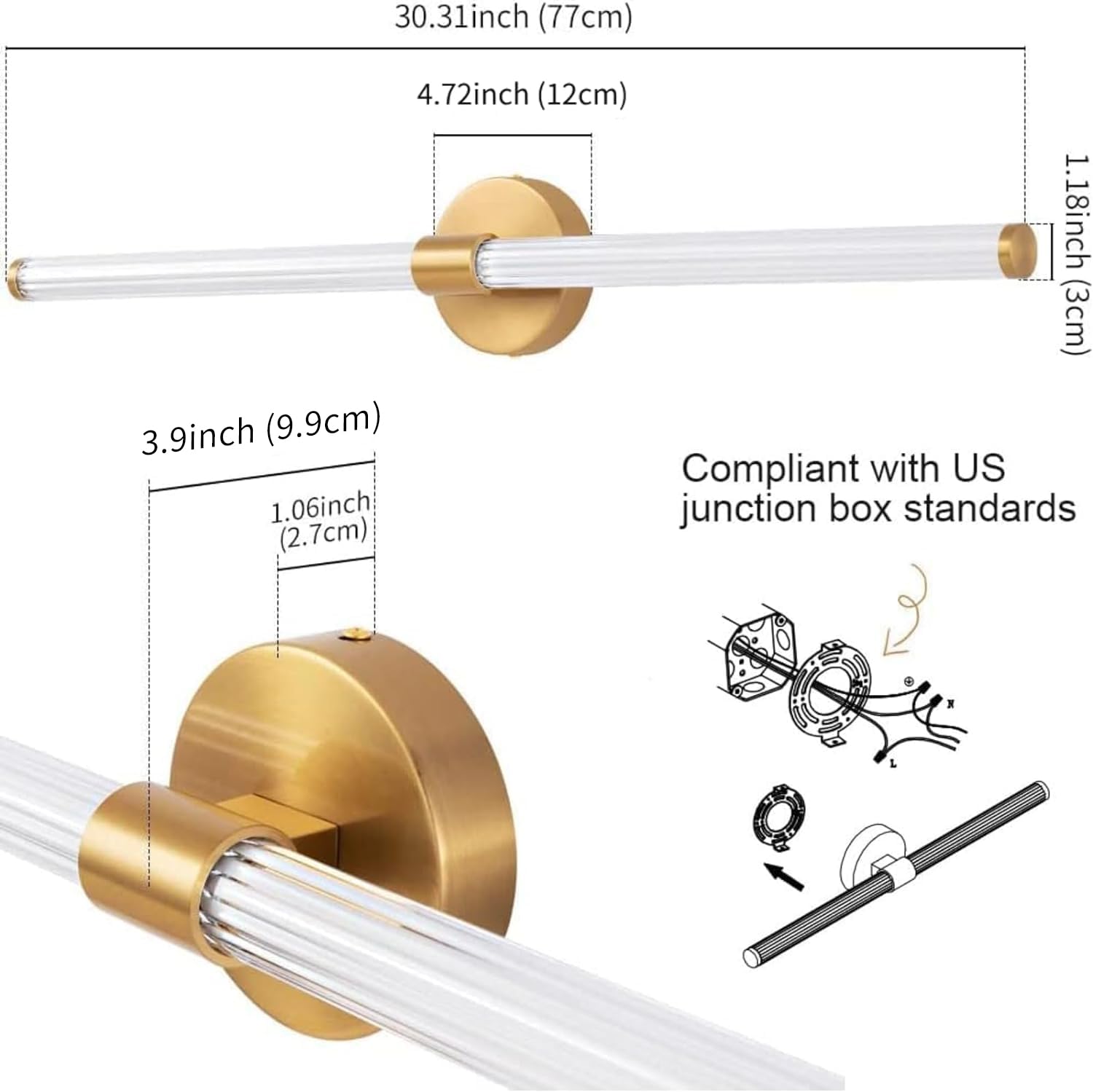 Dimmable LED Bathroom Vanity Light Fixtures - 30 Inch Gold Modern Wall Sconce, 360° Full Lighting for Mirror, Warm White Adjustable Brightness - Perfect for Bathroom, Bedroom & Living Room Vanity Makeup Area