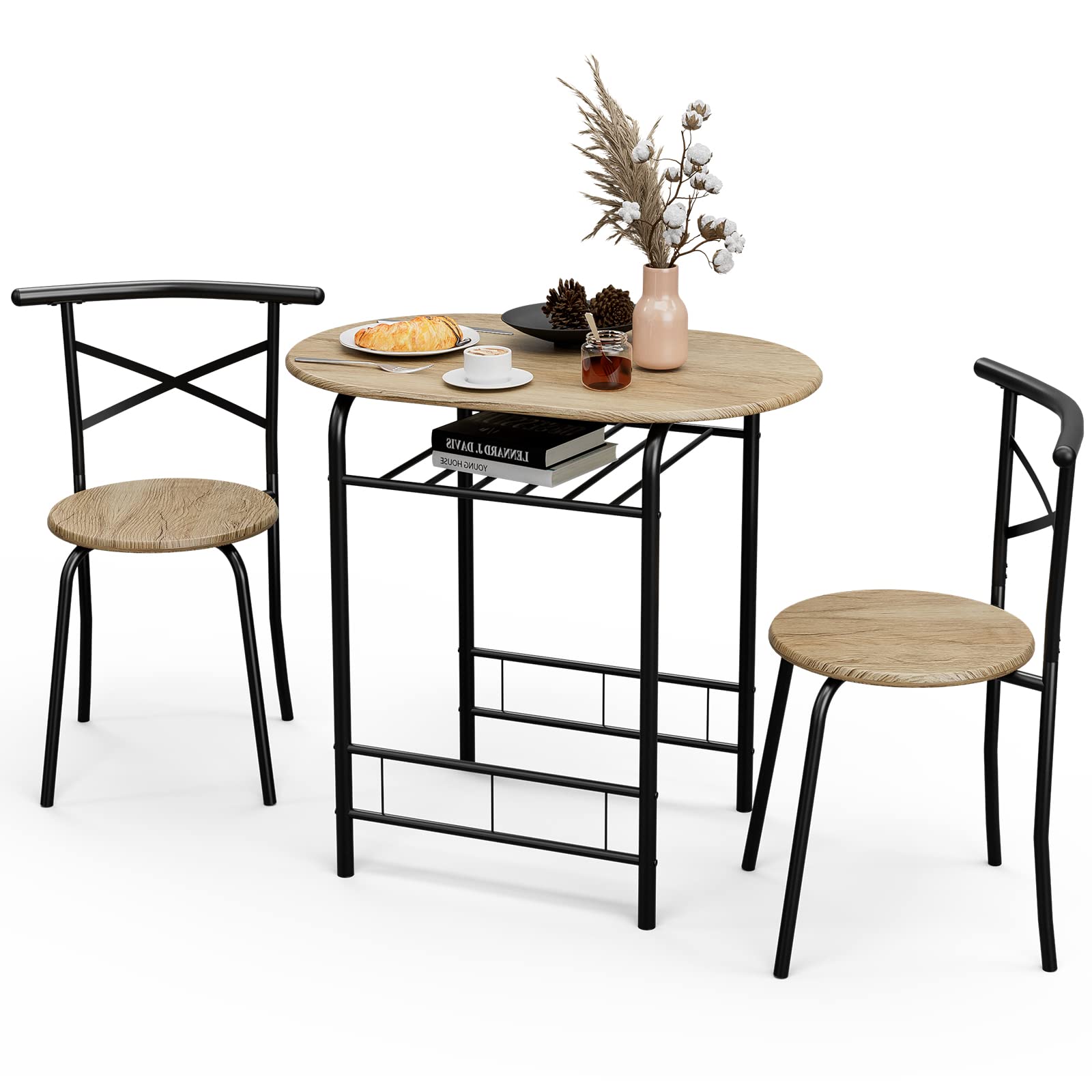 JOINATRE 3-Piece Space Saving Dining Table Set with Metal Frame - Small Kitchen Breakfast Table for Apartments, Dining Rooms & Wine Racks (Natural Finish) | Perfect for Compact Spaces, Morning Coffee & Entertaining Guests