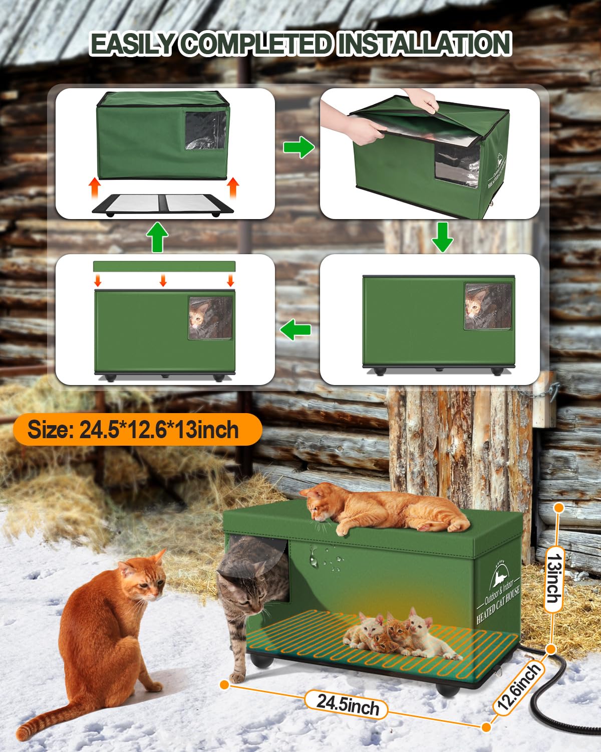 Heated Outdoor Cat House - Waterproof & Insulated Winter Shelter for Feral Cats with Pet Heating Pad | Weatherproof Warm Kitty Bed for Stray, Barn & Outdoor Cats in Cold Weather | Perfect for Backyard, Porch & Garage Use