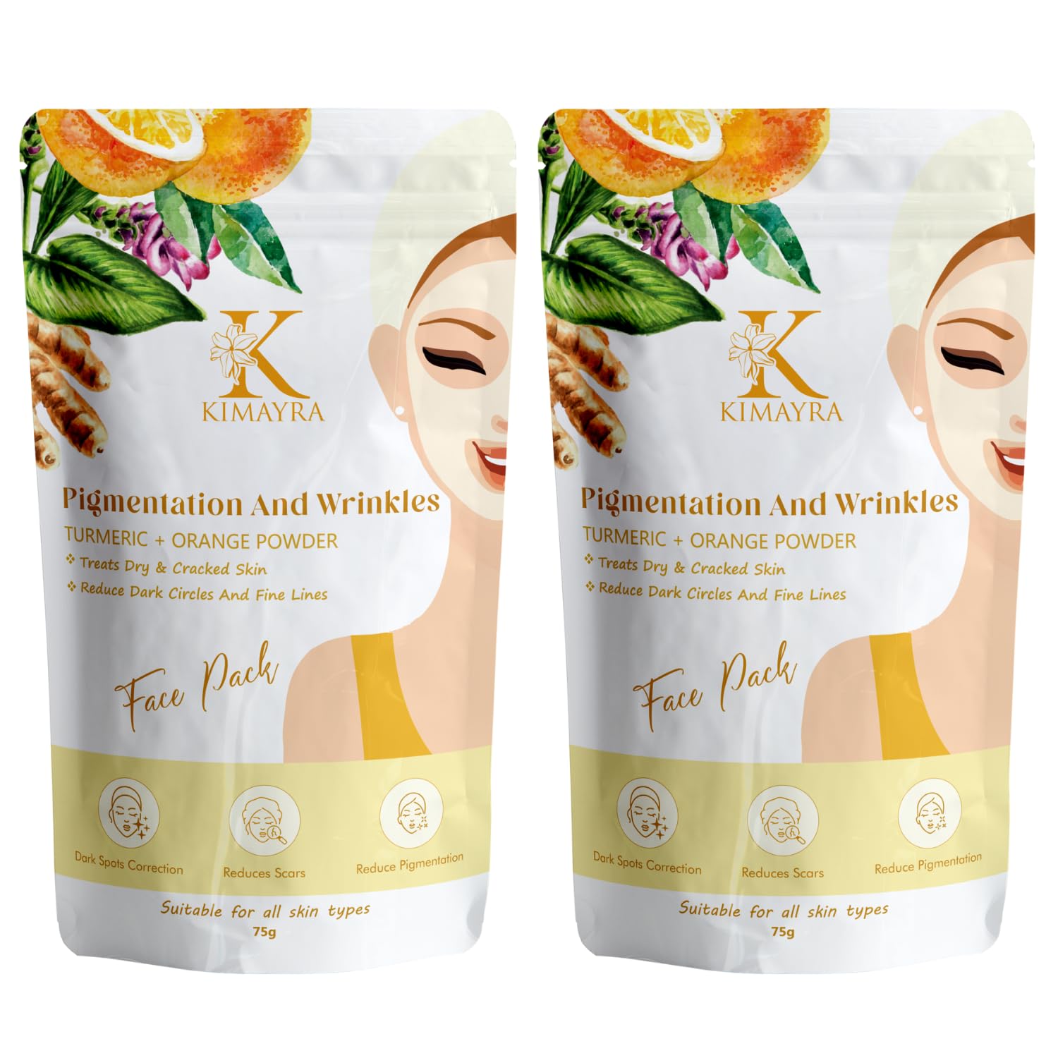 Organic Turmeric & Orange Face Brightening Powder - Reduces Pigmentation, Wrinkles & Scars | Natural Skin Care for All Skin Types | 75g (Pack of 2) | Perfect for Daily Glow Routine & Spa Treatments