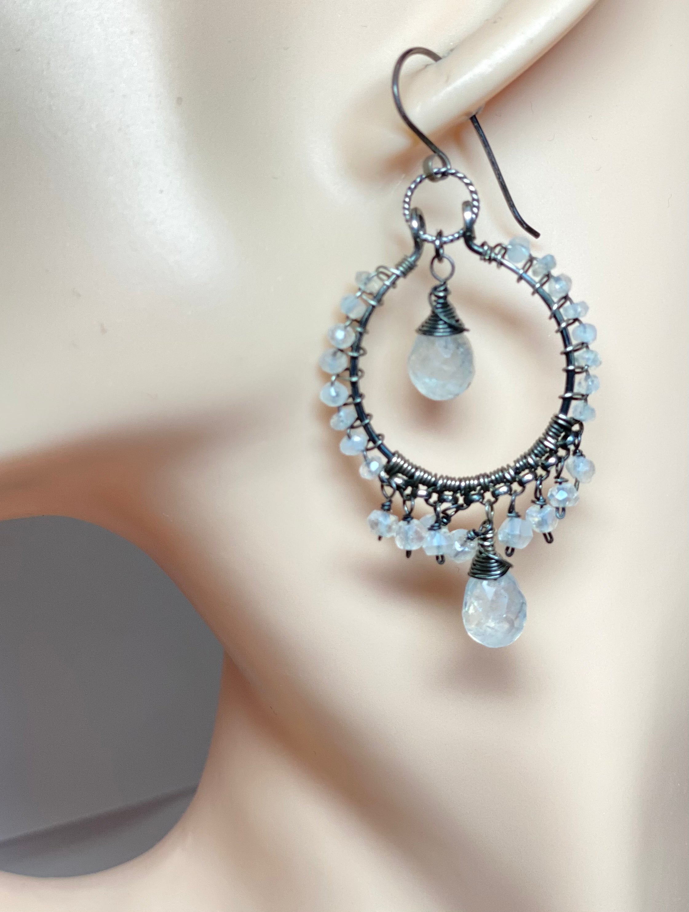 Rainbow Moonstone Sterling Silver Hoop Earrings for Women | Oxidized Vintage Style Jewelry | Perfect for Boho, Wedding & Everyday Wear