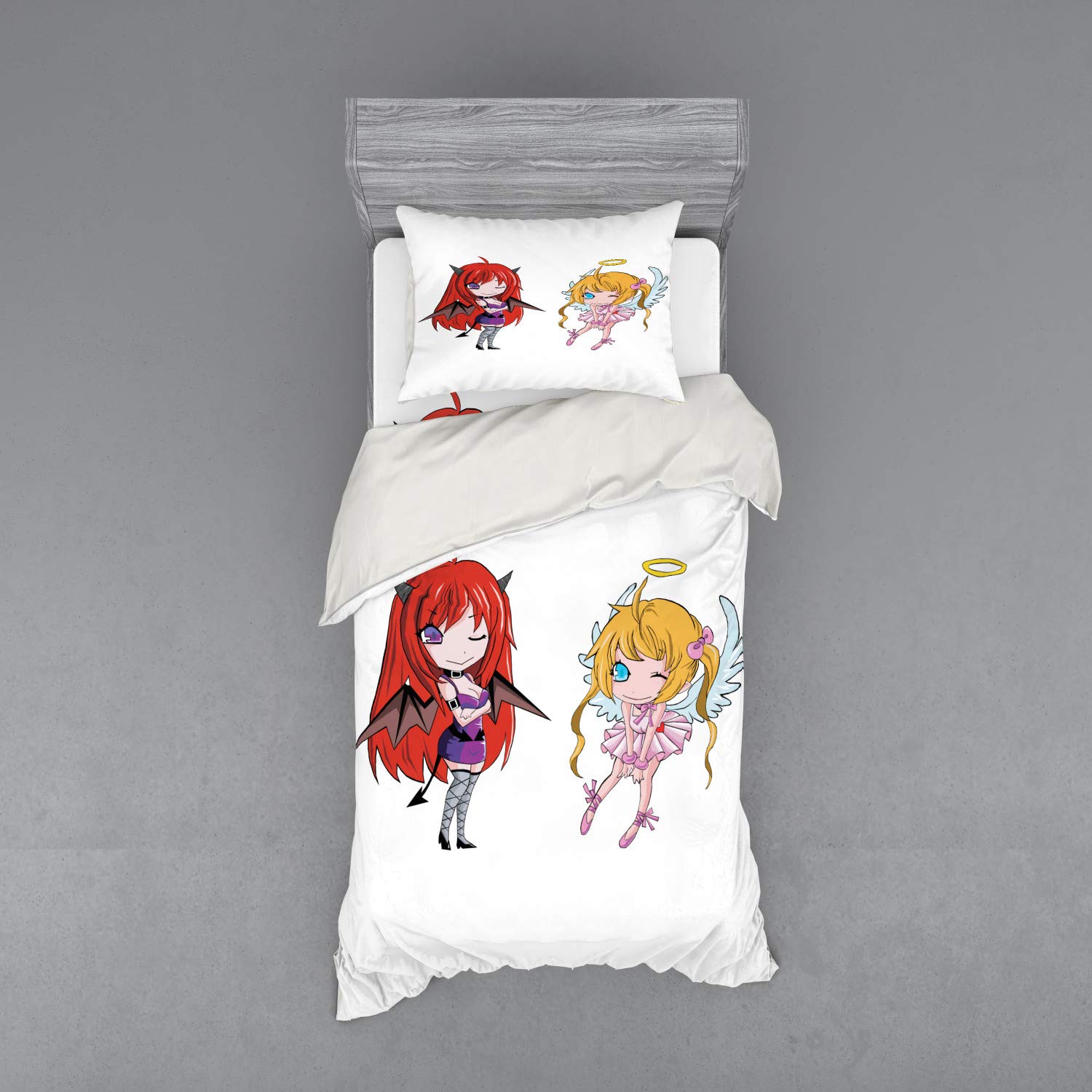 Ambesonne Anime Bedding Set - Angel Wings & Demon Girl Manga Print Duvet Cover 3-Piece Set with Pillow Sham & Fitted Sheet, Twin Size White | Japanese Comic Themed Bedroom Decor for Teens & Anime Fans