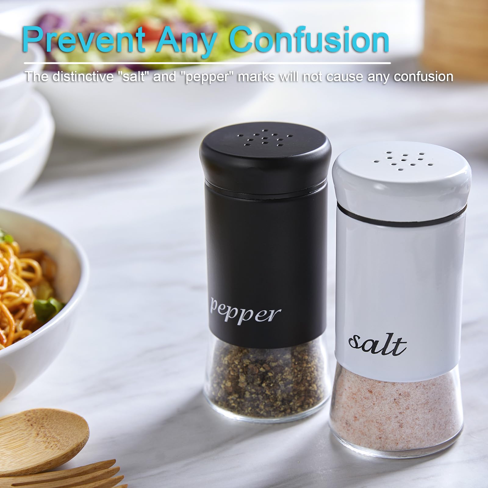 Premium Salt and Pepper Shakers Set - 5 oz Glass Bottom Spice Dispenser for Kitchen, Dining Table, RV & BBQ - Elegant Black & White Kitchen Decor & Cooking Accessories (Ideal for Home, Restaurant & Outdoor Use)
