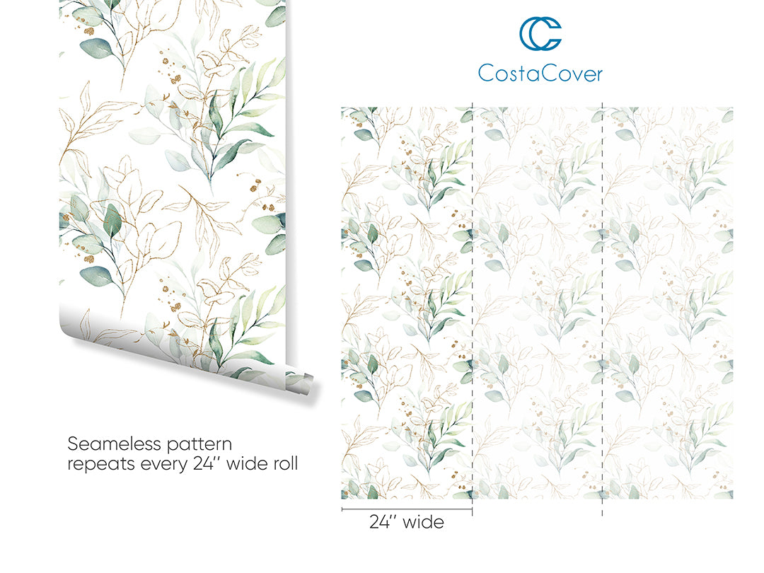 Green Eucalyptus Leaves Peel and Stick Wallpaper - Self-Adhesive Removable Wall Mural for Bedroom, Living Room & Bathroom Decor - Nature Inspired Botanical Design (CC228)