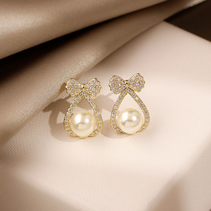 Classic Pearl Bow Ribbon Stud Earrings for Women | Elegant Dainty Jewelry Gift for Her | Perfect for Weddings, Parties & Everyday Wear (D3006)