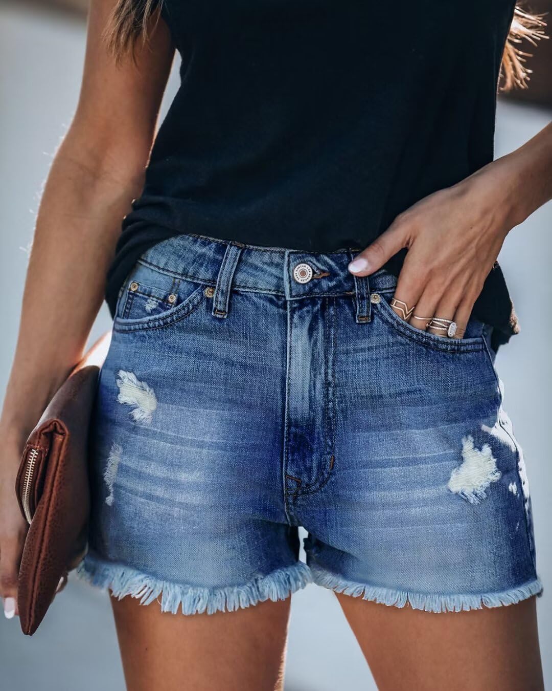 ZOLUCKY Women's High Waisted Ripped Denim Shorts - Stretchy Comfortable Summer Jean Shorts with Pockets | Perfect for Beach, Vacation, and Casual Outfits