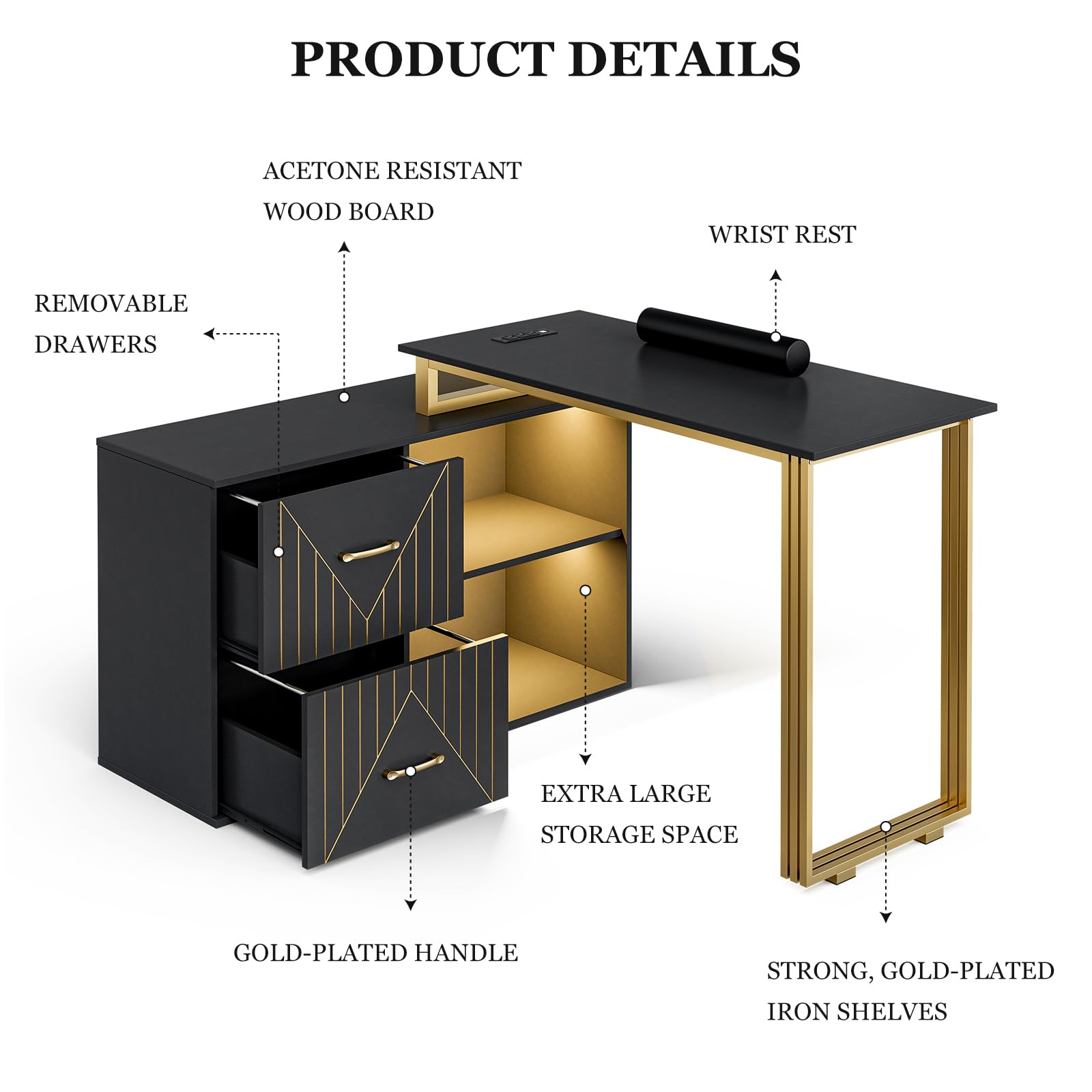 16 Colors LED Manicure Table with 2 Drawers & Shelves - L-Shaped Nail Tech Station for Beauty Salon - Includes Wrist Rest & Metal Handles (Black) - Perfect for Professional Nail Artists & Home Nail Care